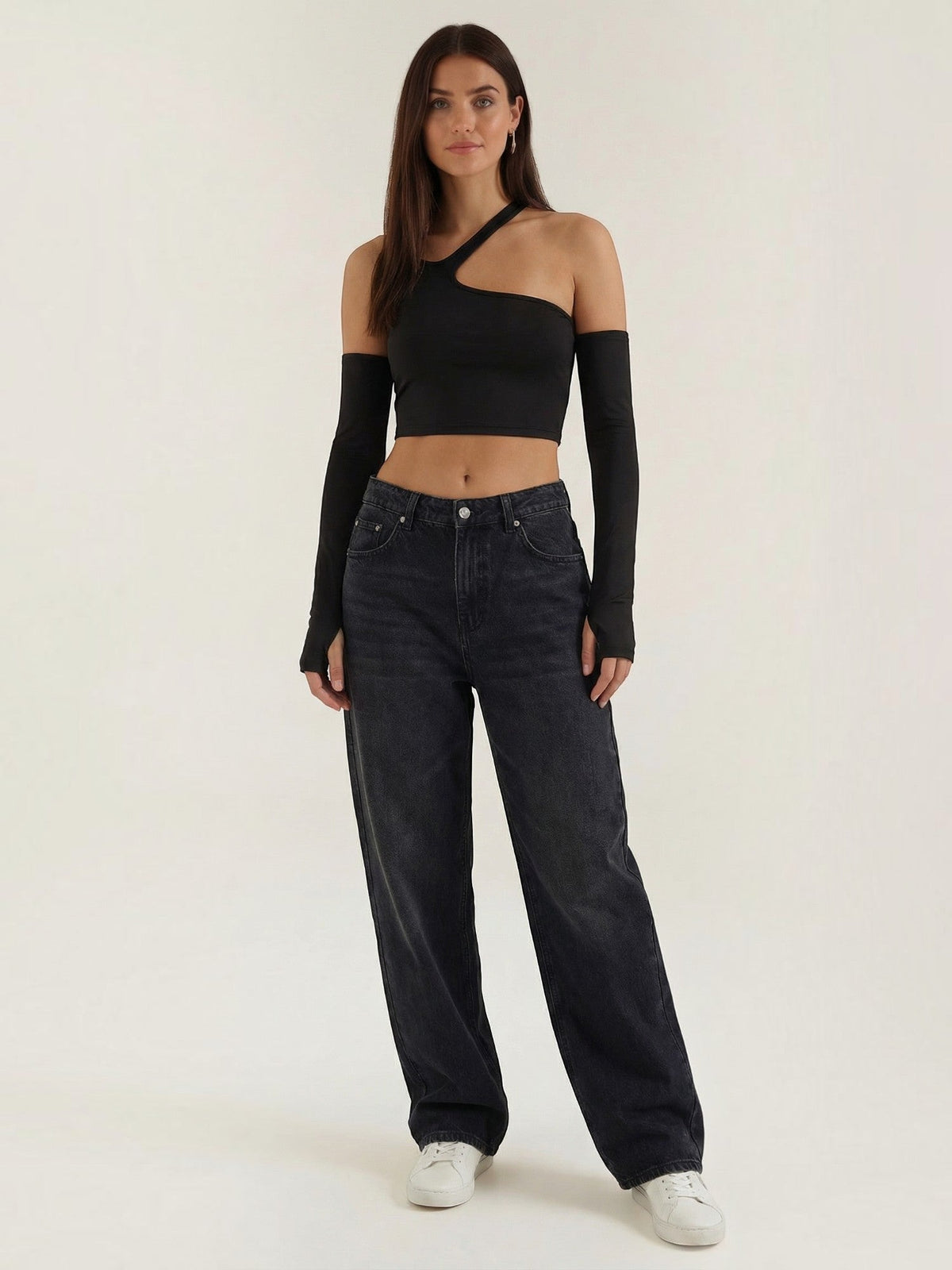Lysandra One Shoulder Crop Top with Arm Warmers