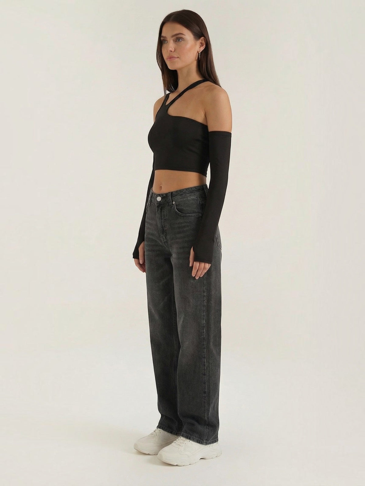 Lysandra One Shoulder Crop Top with Arm Warmers