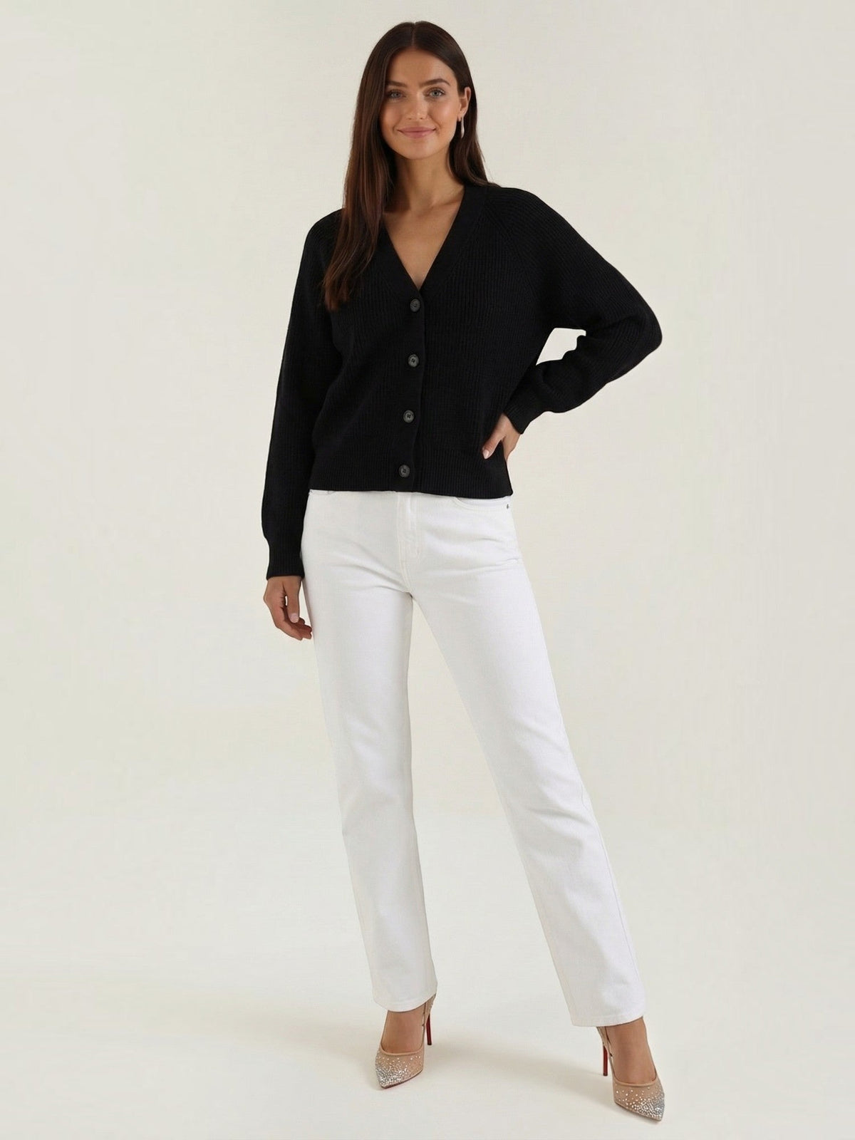 Jessica Ribbed V Neck Button Cardigan