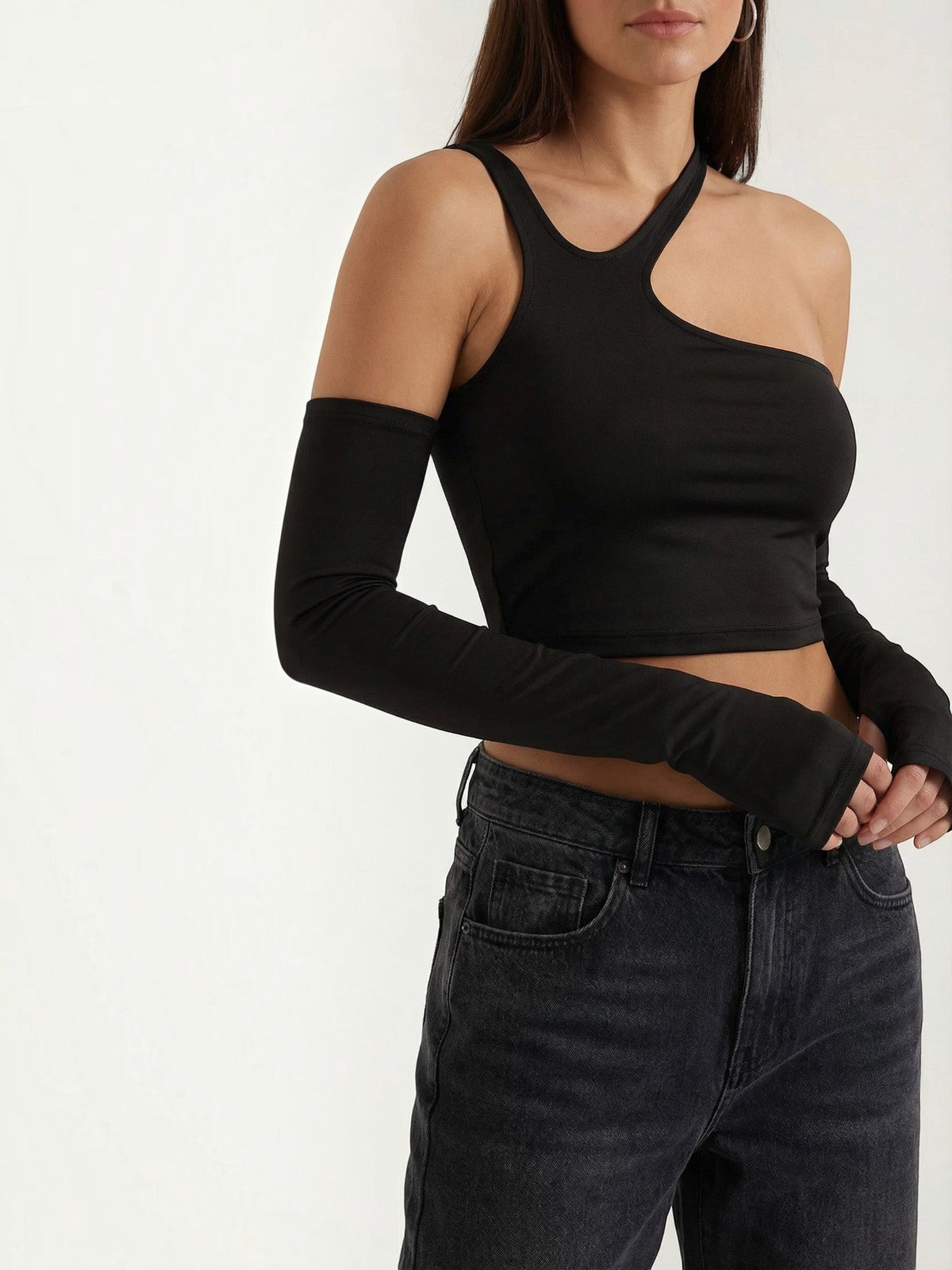 Lysandra One Shoulder Crop Top with Arm Warmers