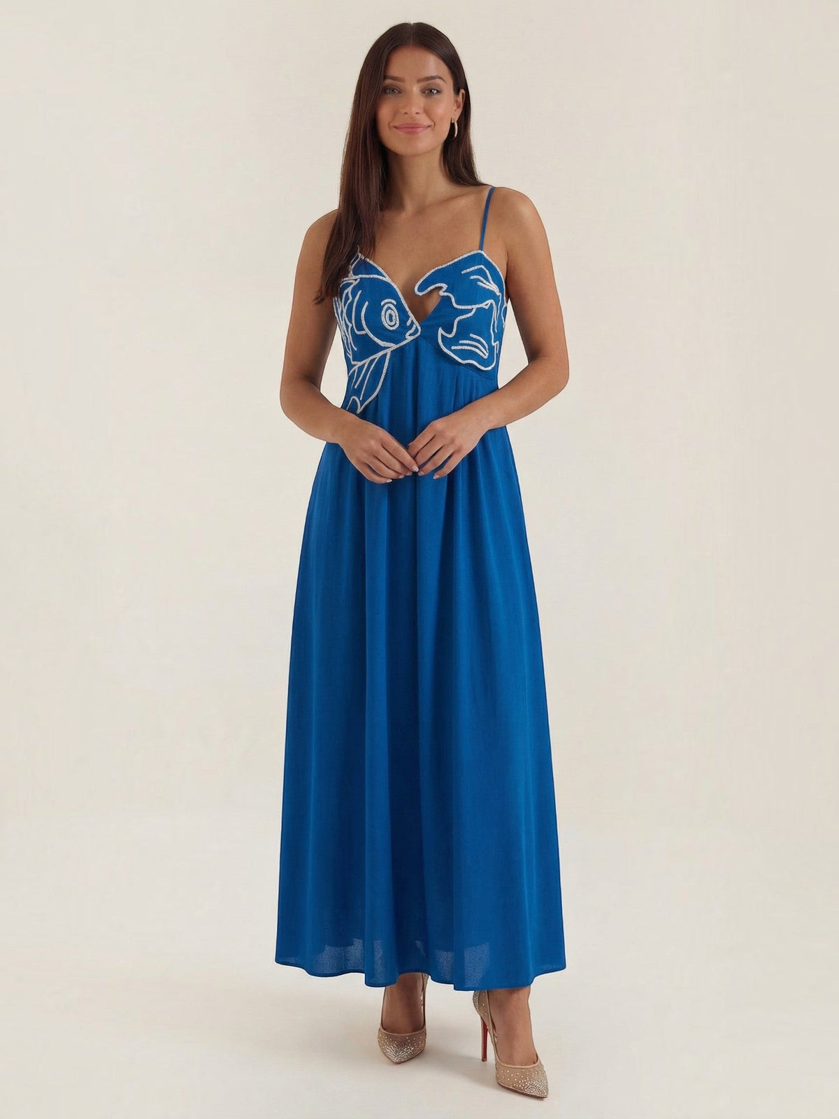 Deborah Embroidered Fish Print Maxi Sundress