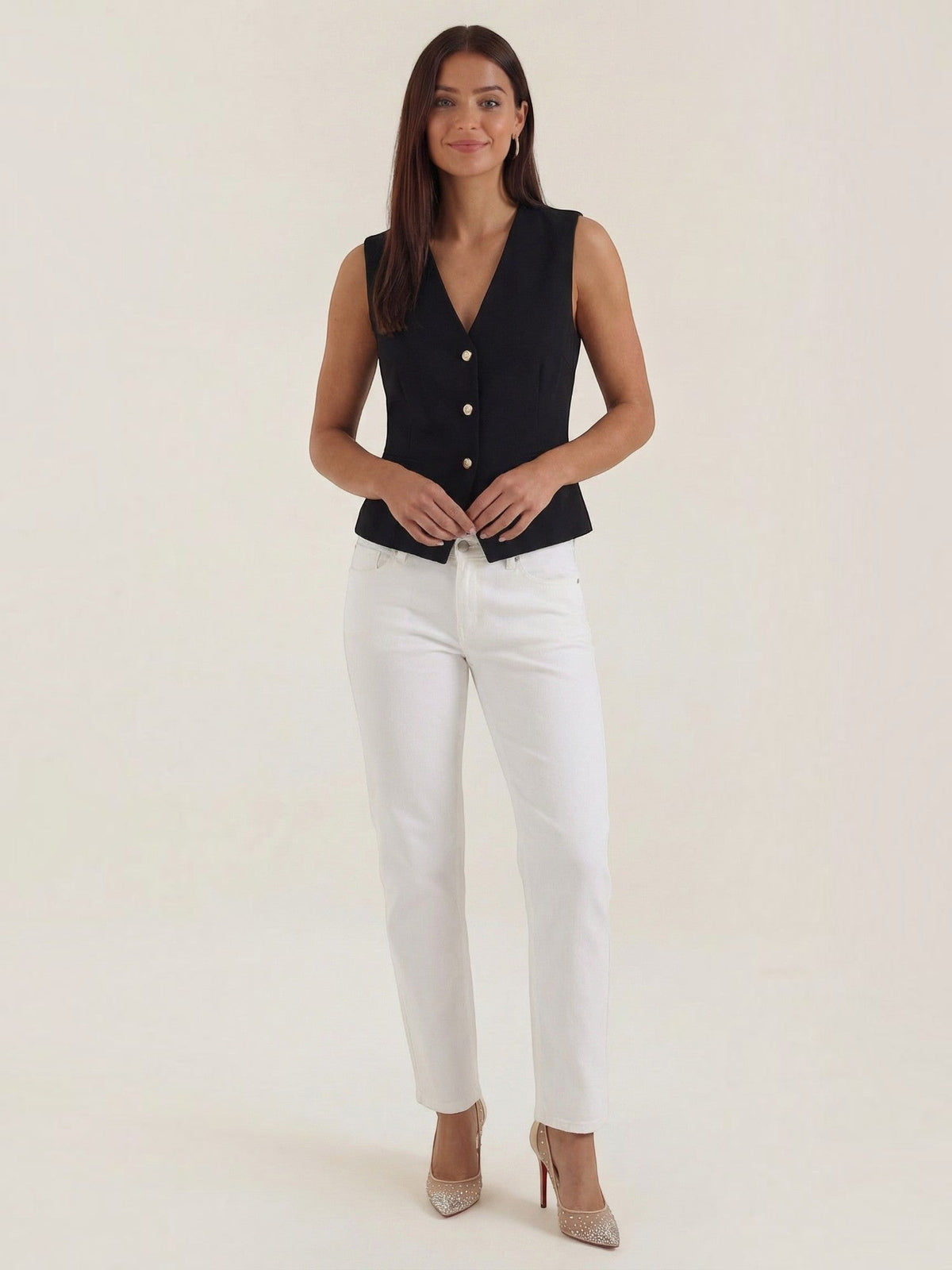 Lily Deep V Gold Button Fitted Vest