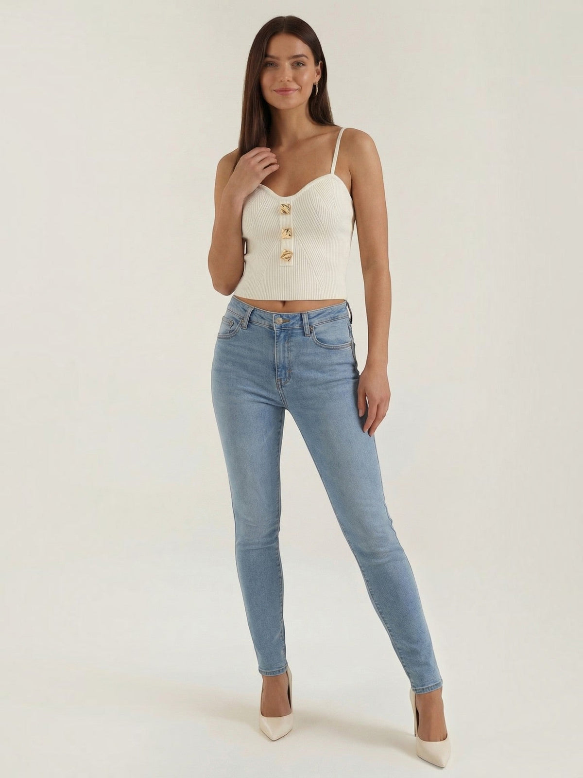 Jasmin Gold Button Ribbed Crop Top
