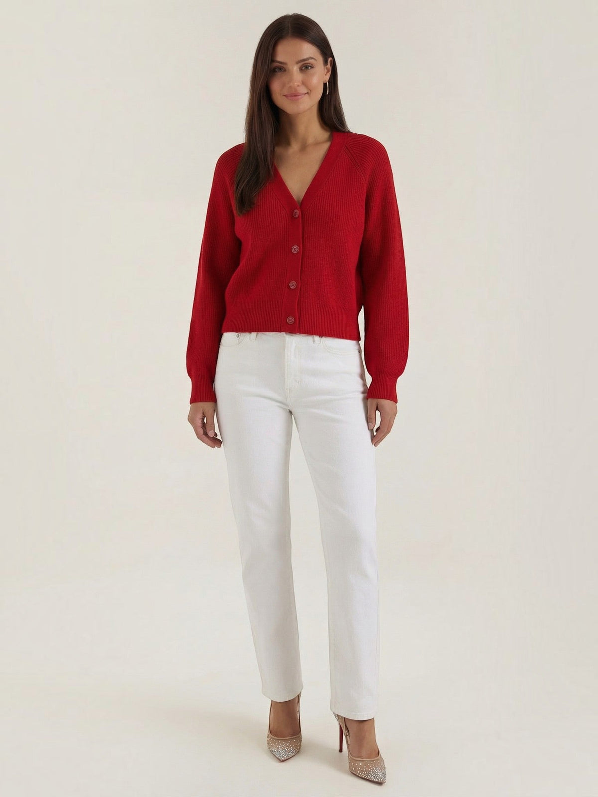 Jessica Ribbed V Neck Button Cardigan