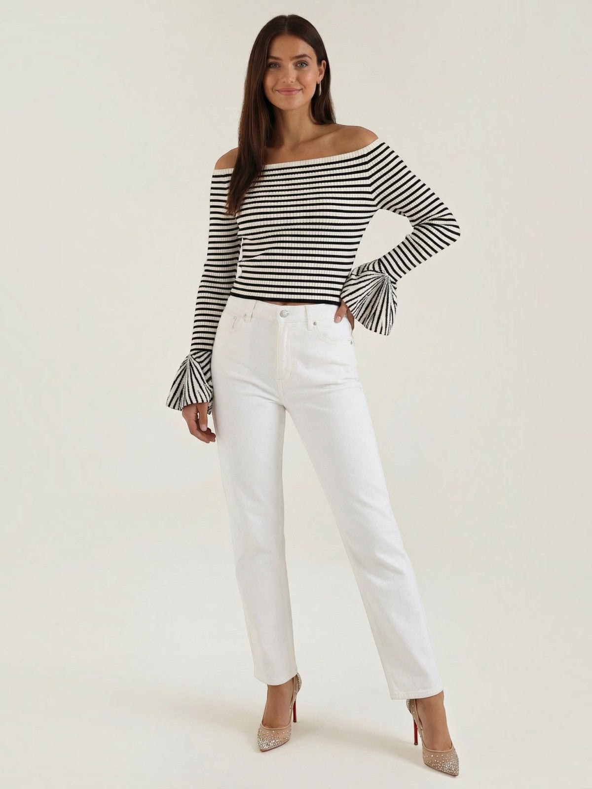 Anna Striped Off Shoulder Flare Sleeve Top