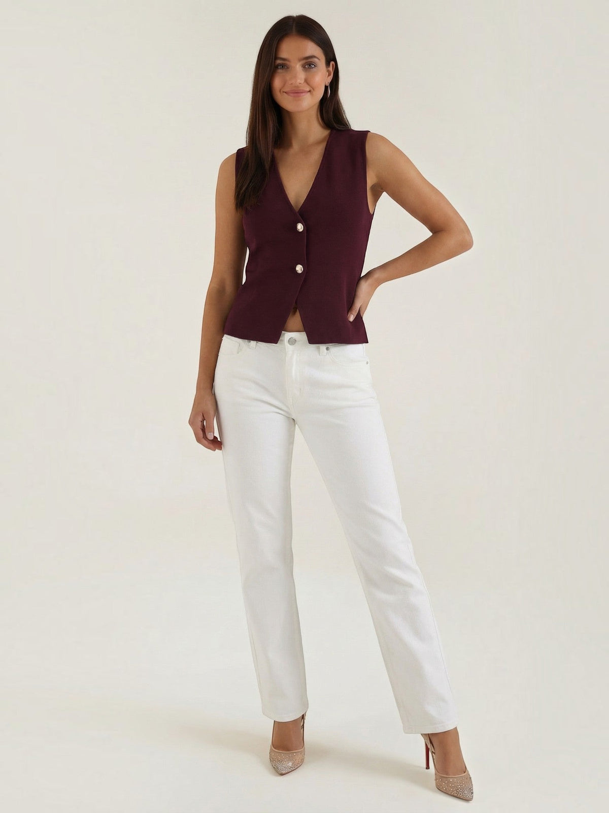 Lily Deep V Gold Button Fitted Vest