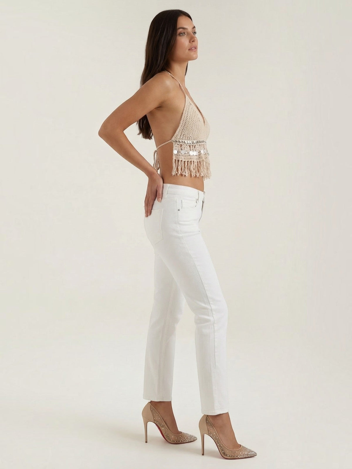 Brandy Crochet Fringe V Neck Halter Top