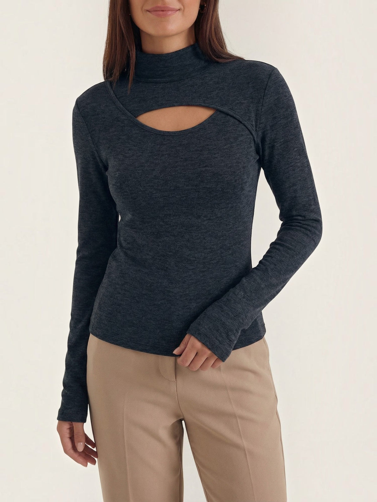Barbara Cut Out Stand Collar Long Sleeve Top