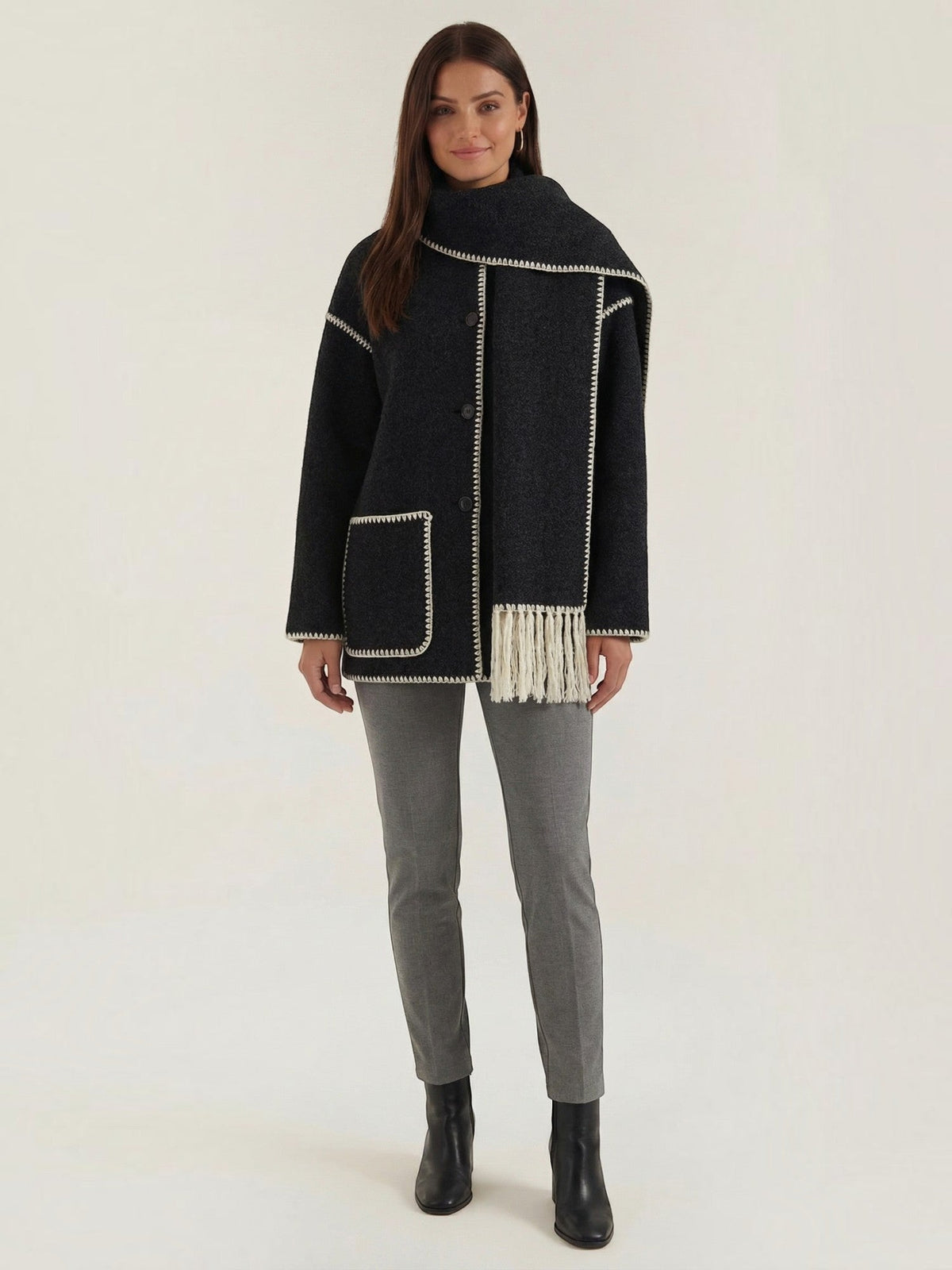 Catherine Contrast Stitch Shawl Collar Coat