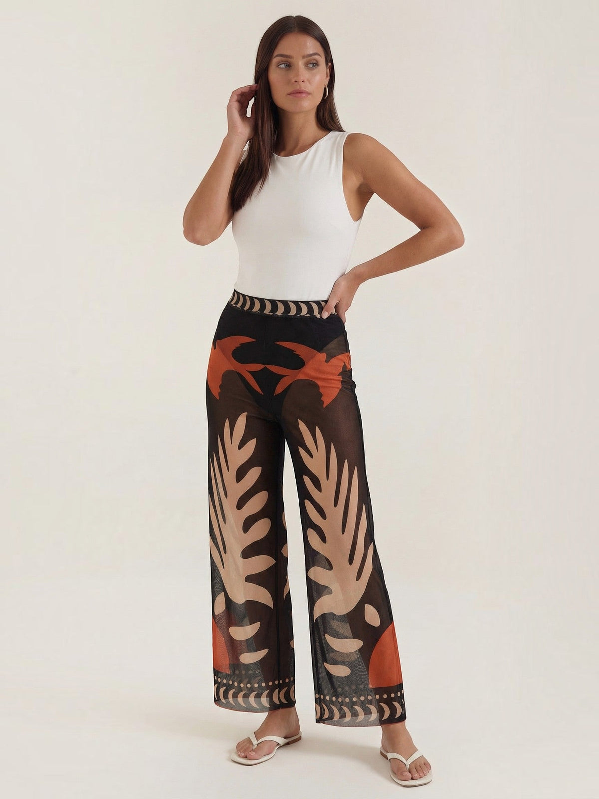 Beth Tropical Print Mesh Wide Leg Pants