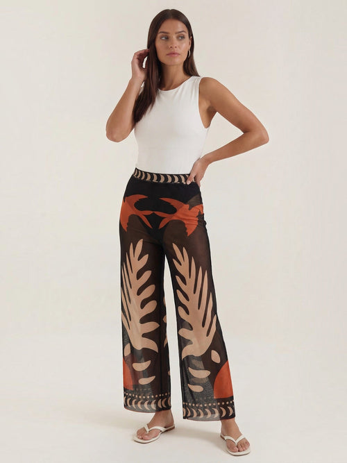 Beth Tropical Print Mesh Wide Leg Pants