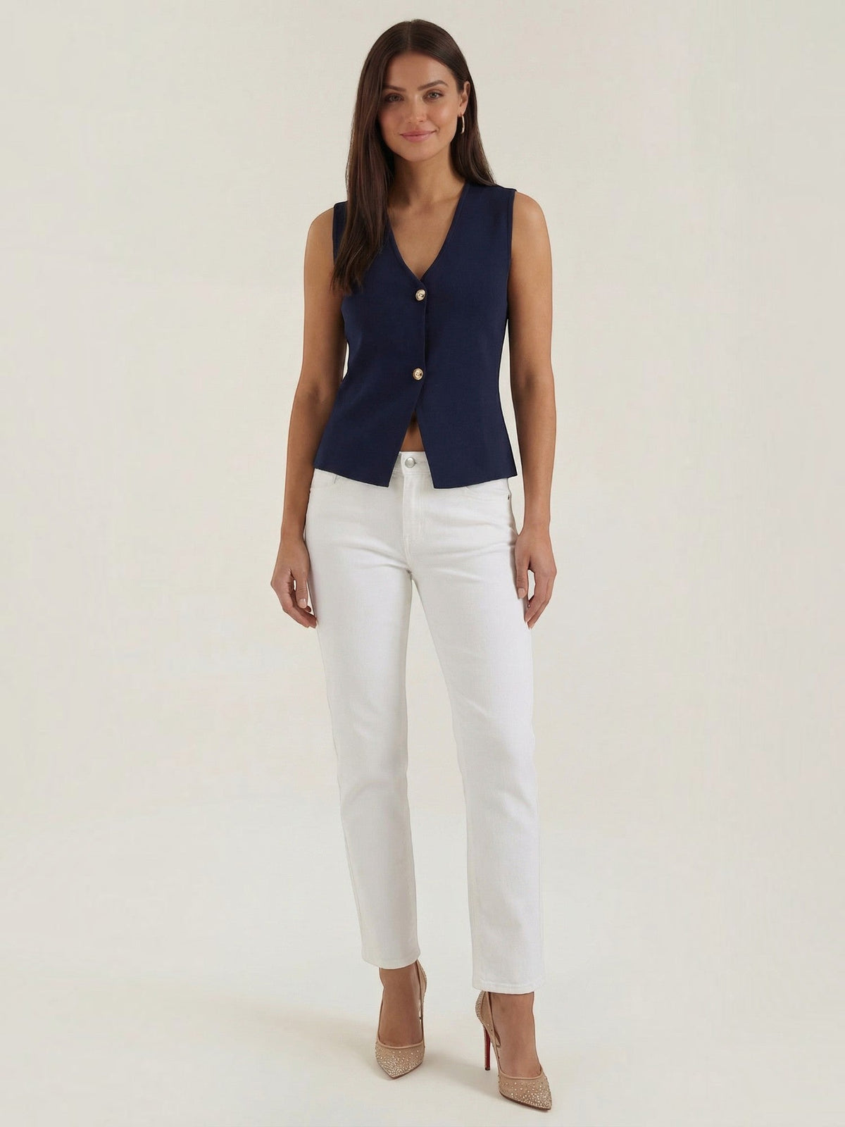 Lily Deep V Gold Button Fitted Vest
