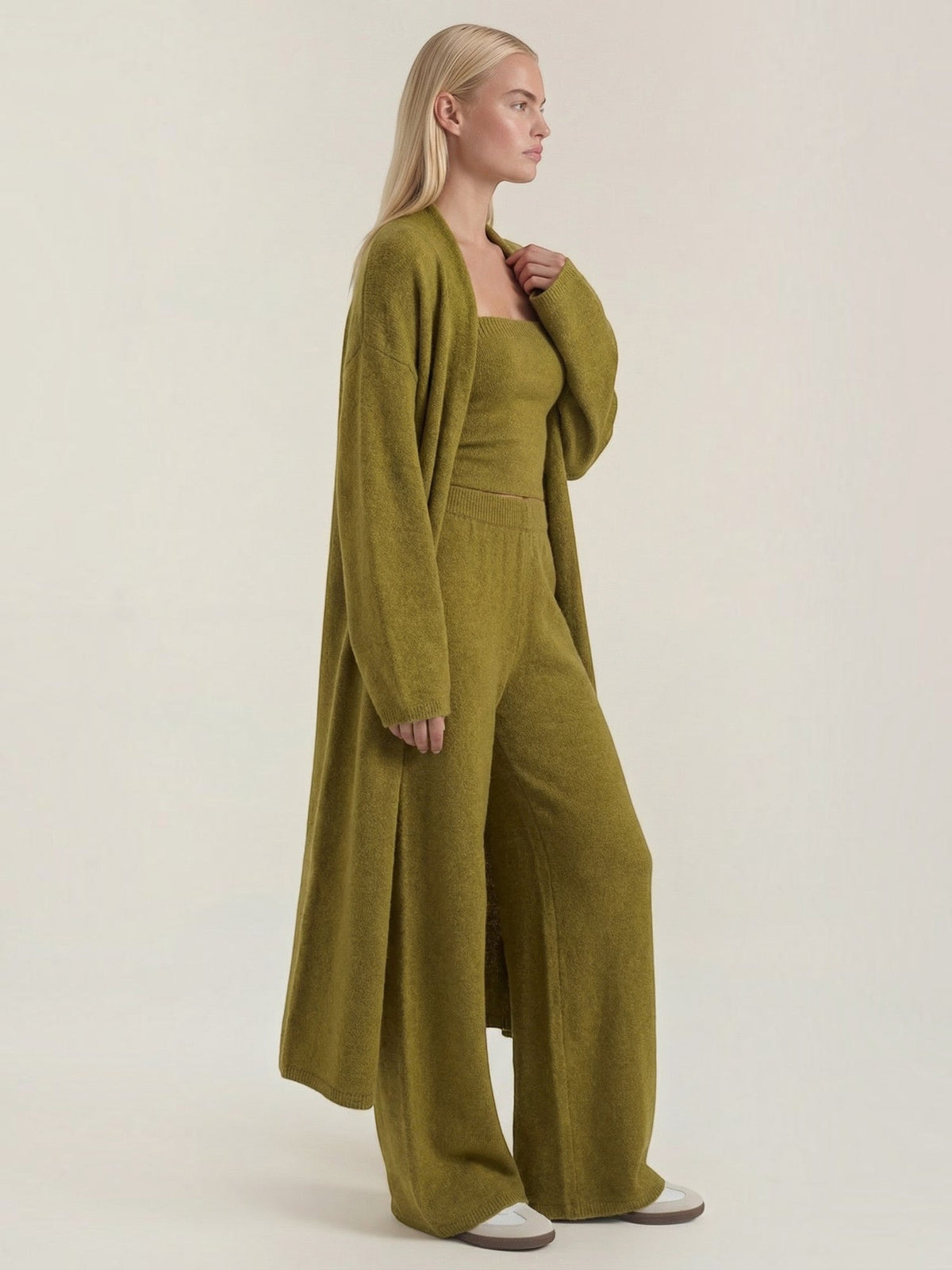 Jeanne Cardigan Bandeau and Pants Three Piece Knit Set