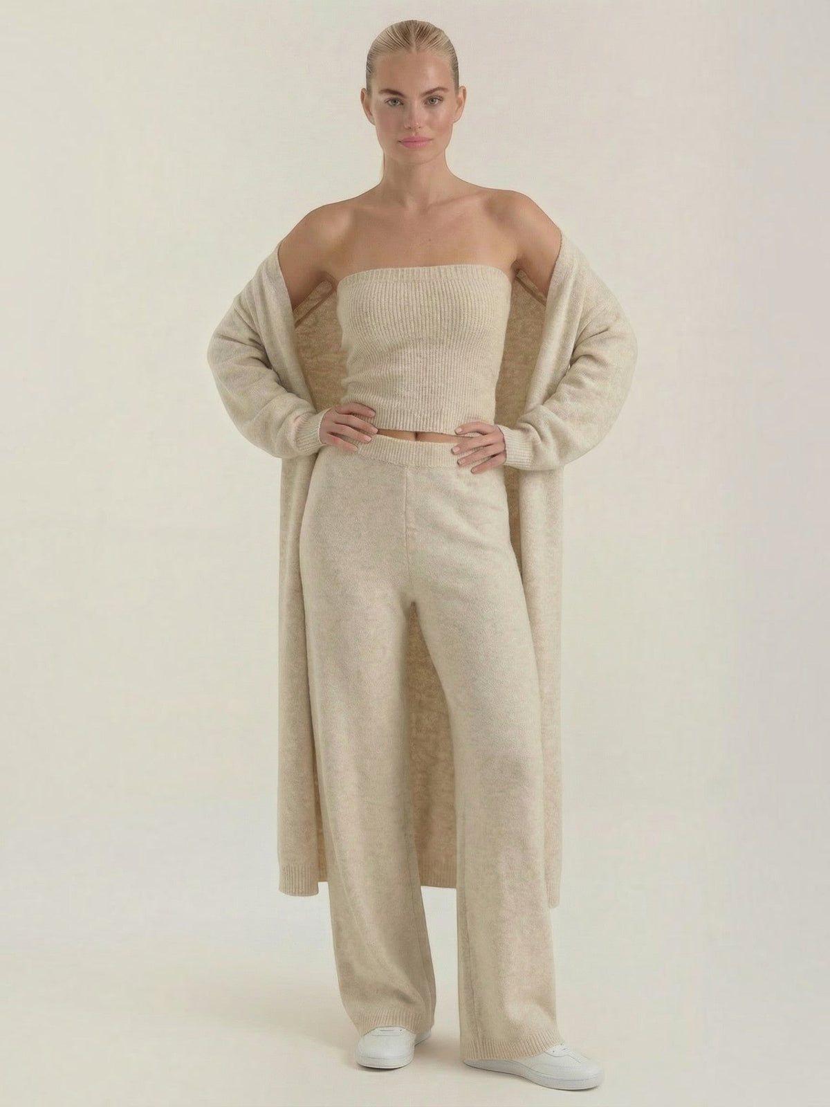 Jeanne Cardigan Bandeau and Pants Three Piece Knit Set