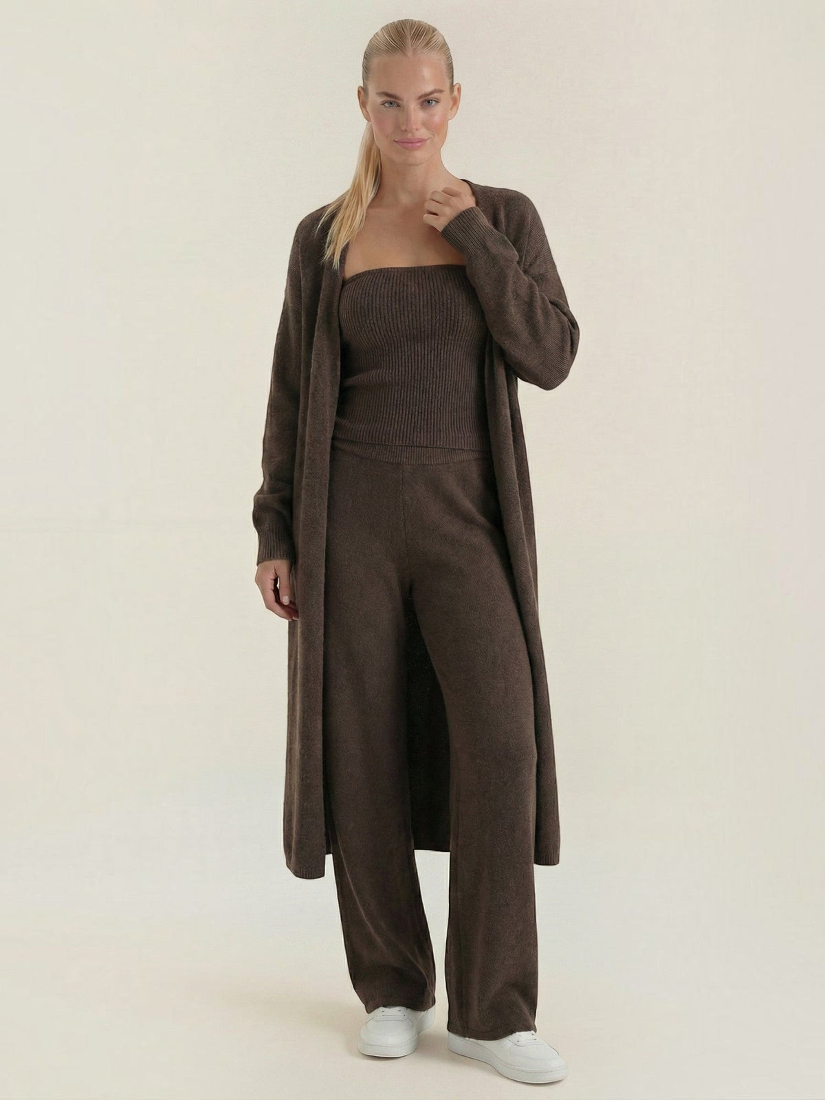 Jeanne Cardigan Bandeau and Pants Three Piece Knit Set