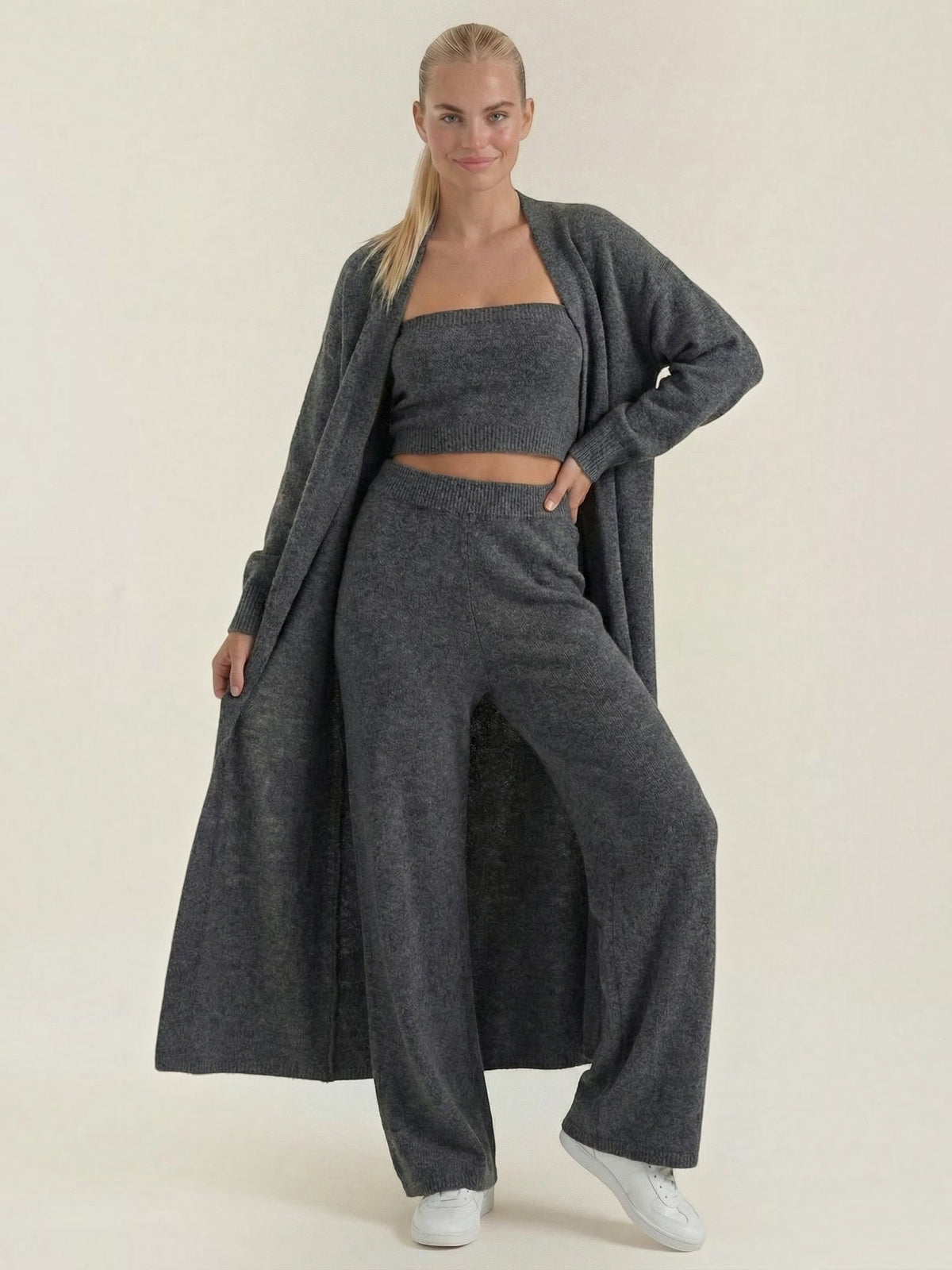 Jeanne Cardigan Bandeau and Pants Three Piece Knit Set