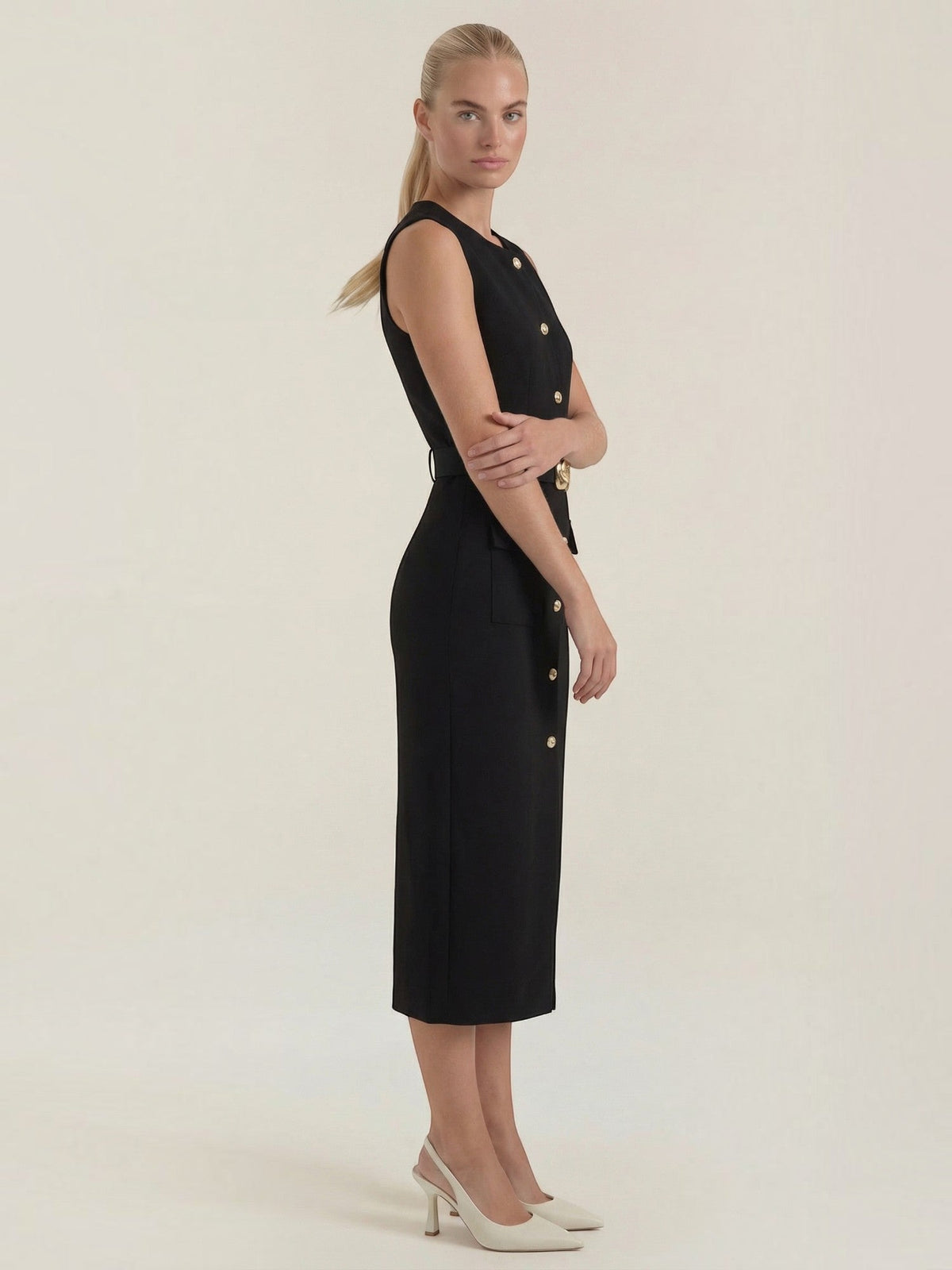 Arlene Gold Button Belted Midi Dress