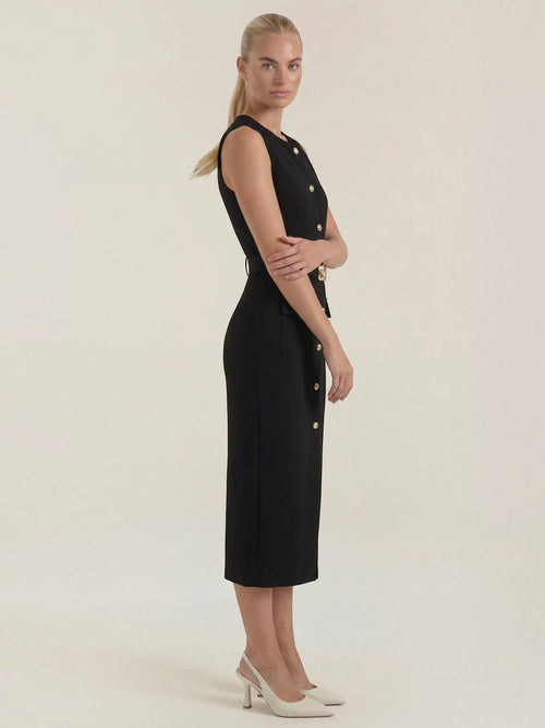 Arlene Gold Button Belted Midi Dress