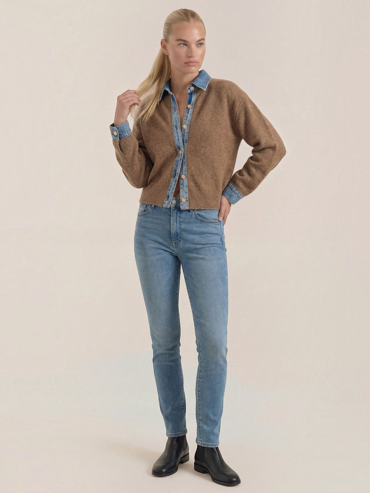 Jody Denim Collar Gold Button Cardigan