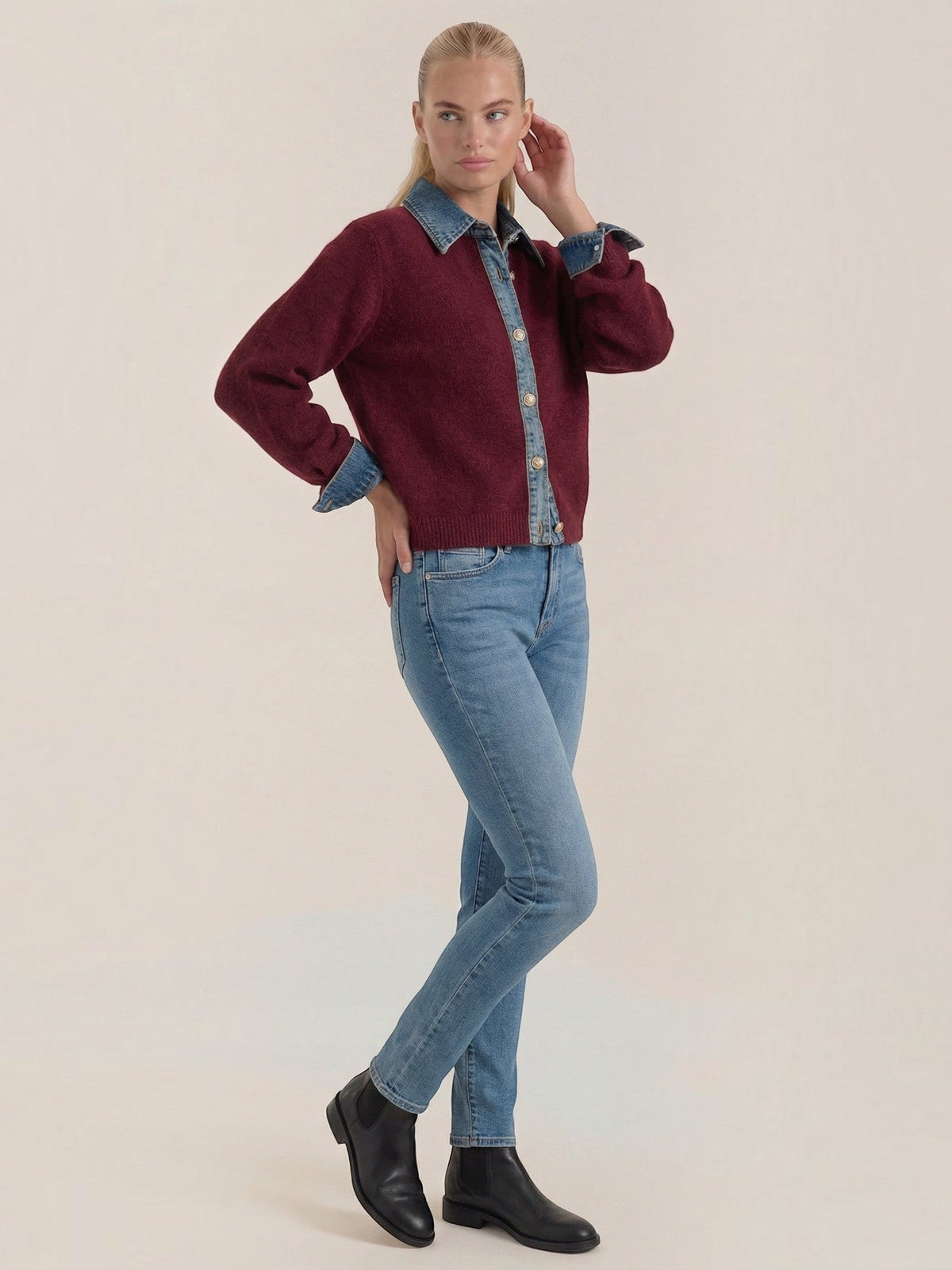 Jody Denim Collar Gold Button Cardigan