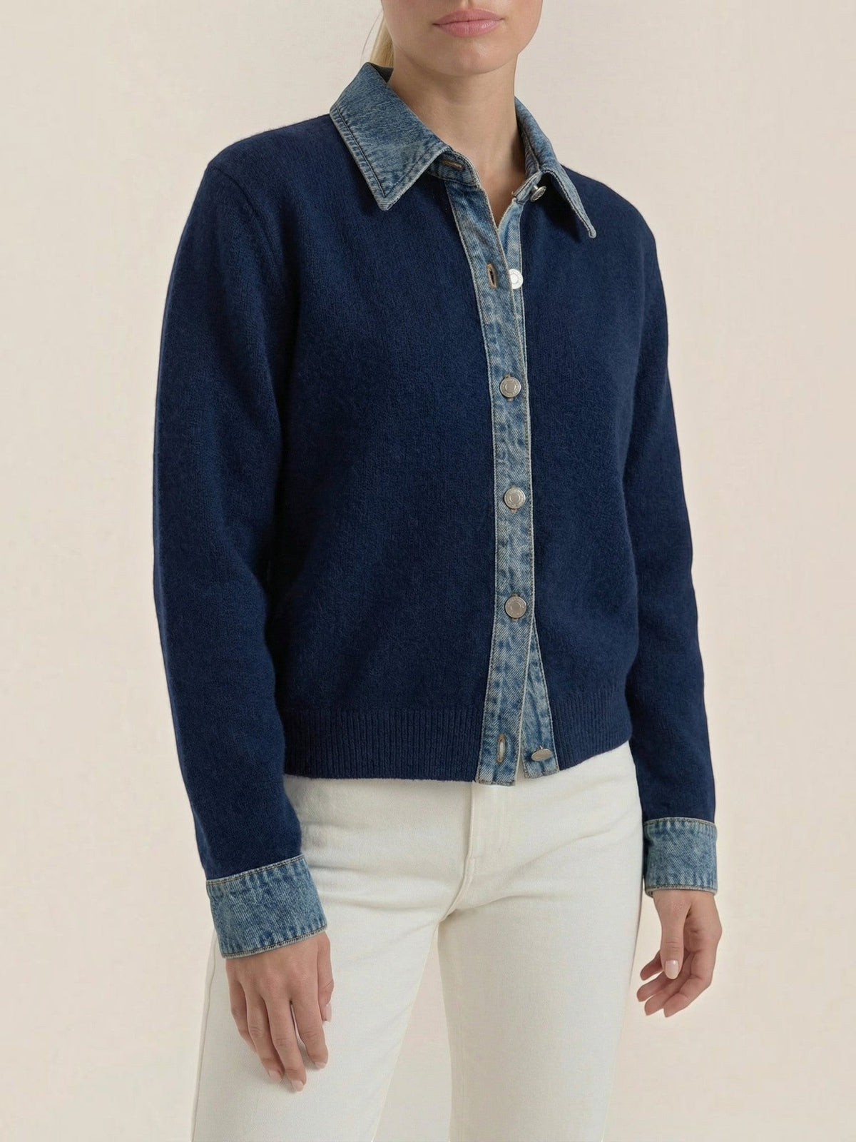 Jody Denim Collar Gold Button Cardigan