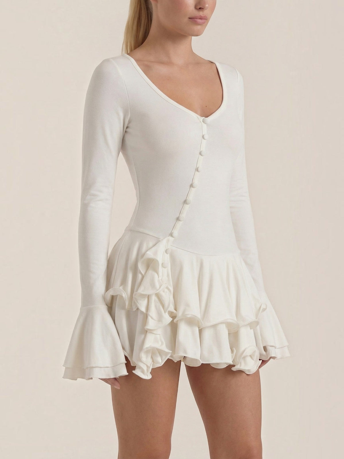 Estelle V Neck Balloon Sleeve Ruffle Mini Dress