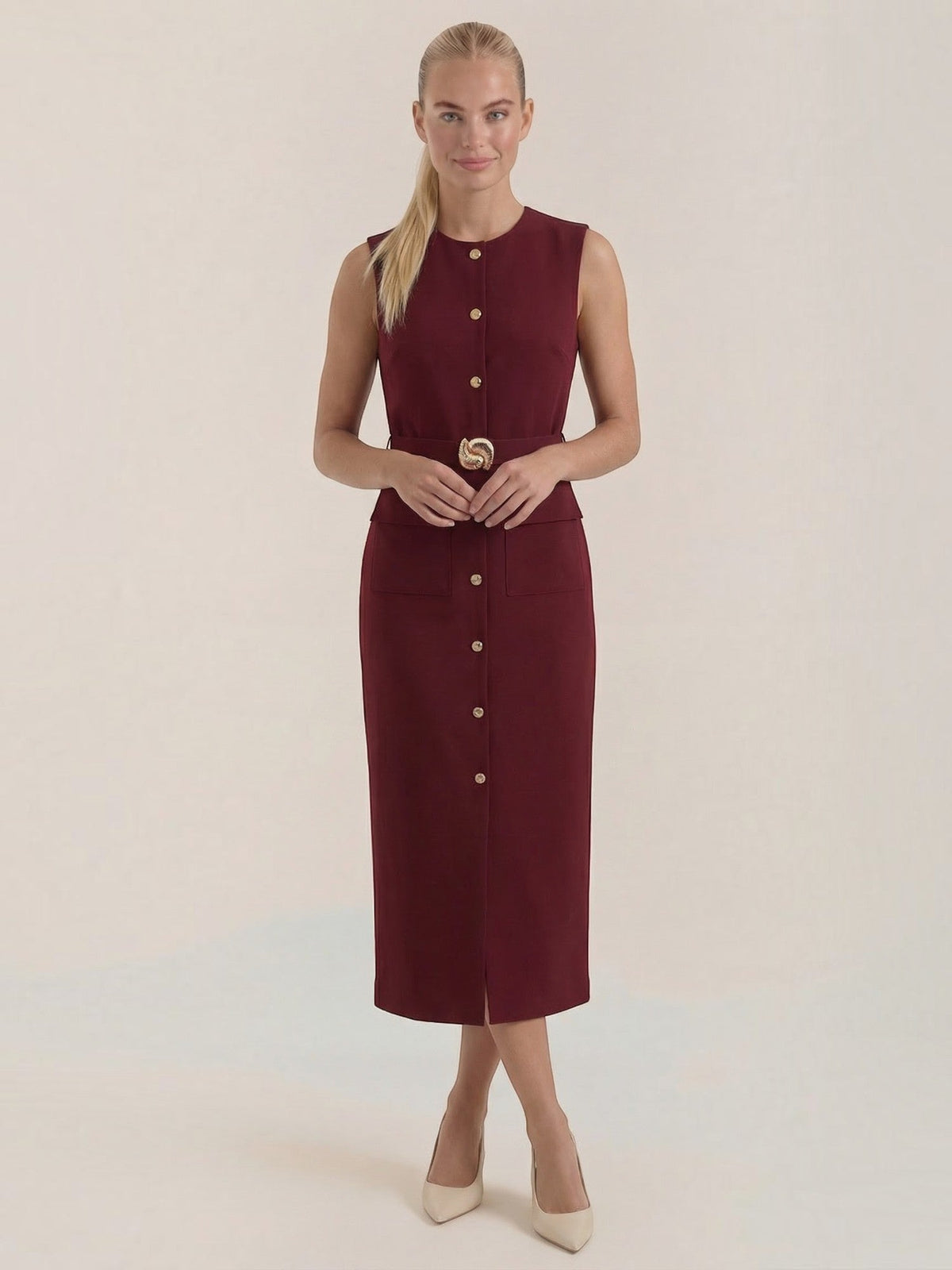 Arlene Gold Button Belted Midi Dress
