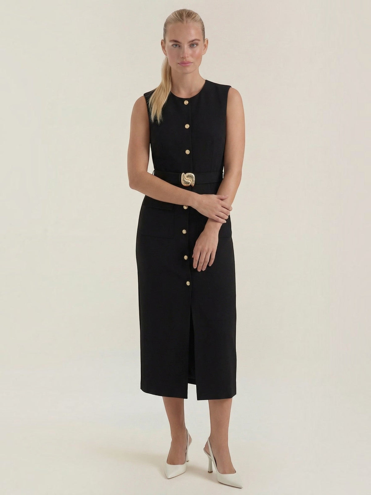 Arlene Gold Button Belted Midi Dress