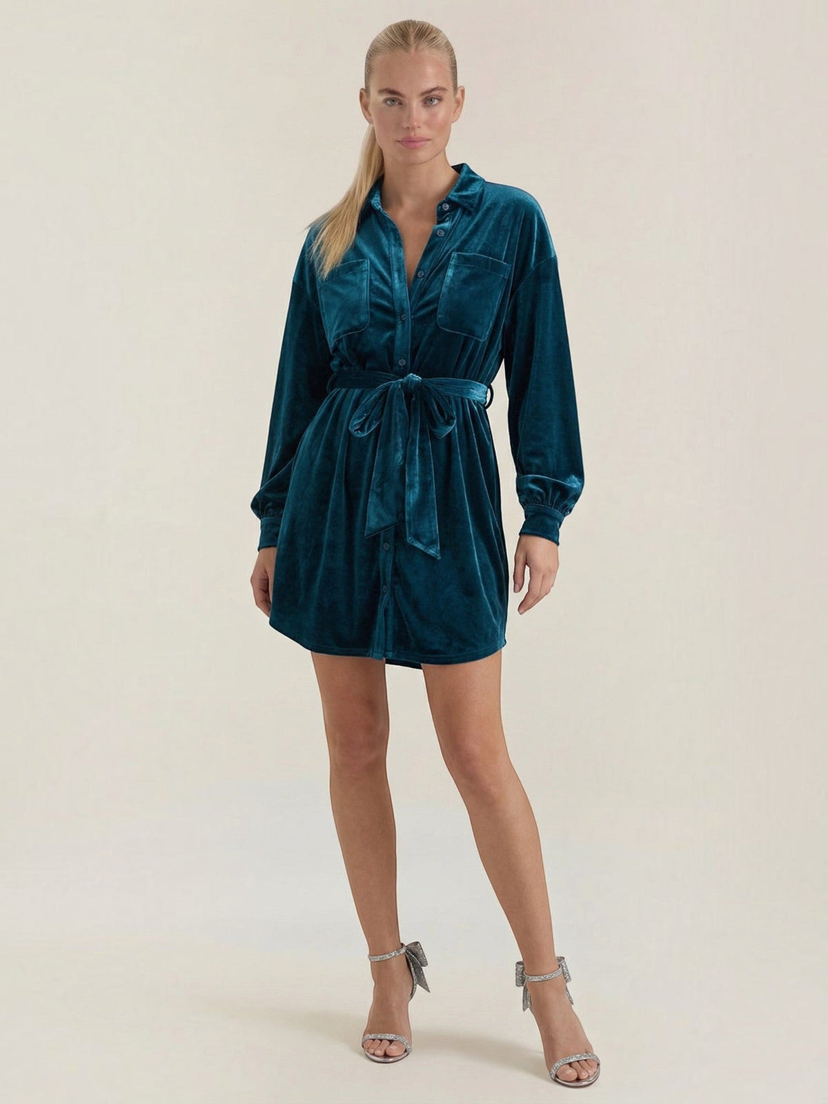 Cecilia Velvet Button Front Mini Shirt Dress