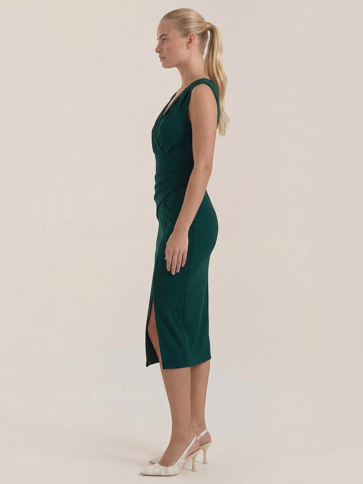 Lydia Pleated V Neck Cocktail Midi Dress
