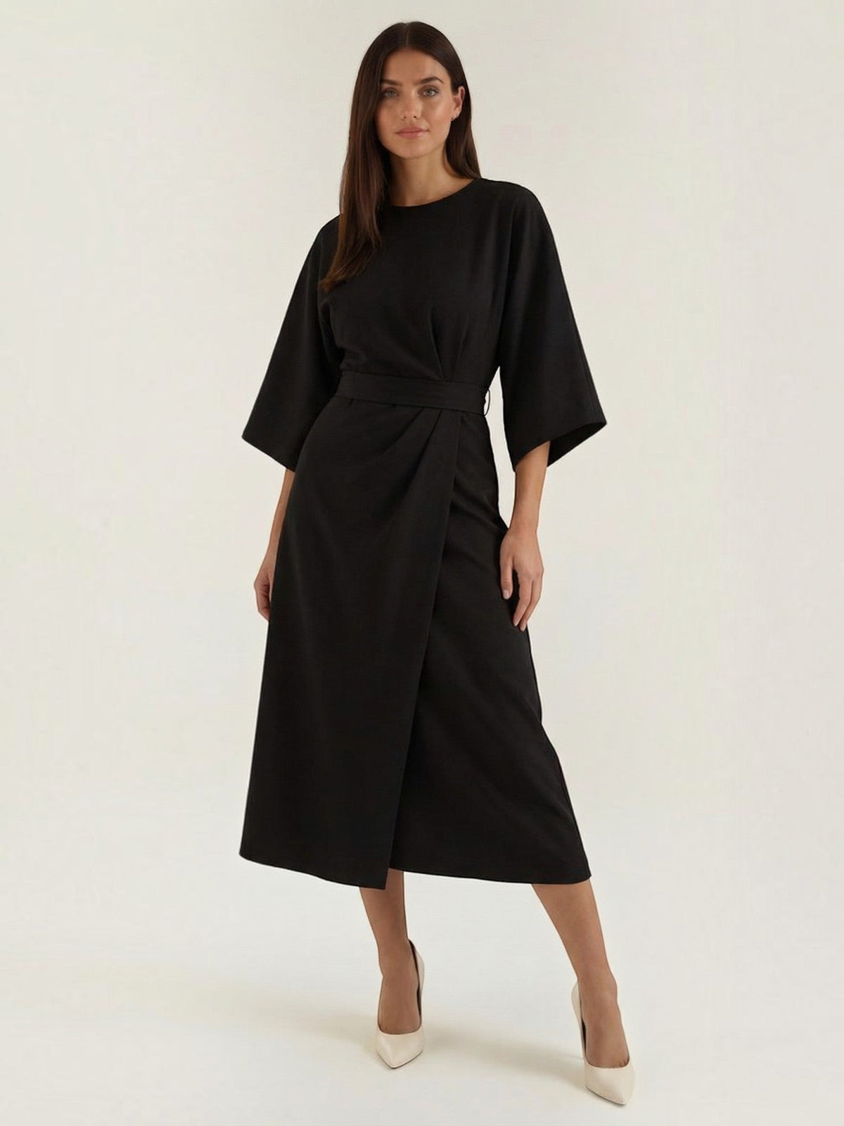 Ana Balloon Sleeve Wrap Midi Dress with Belt