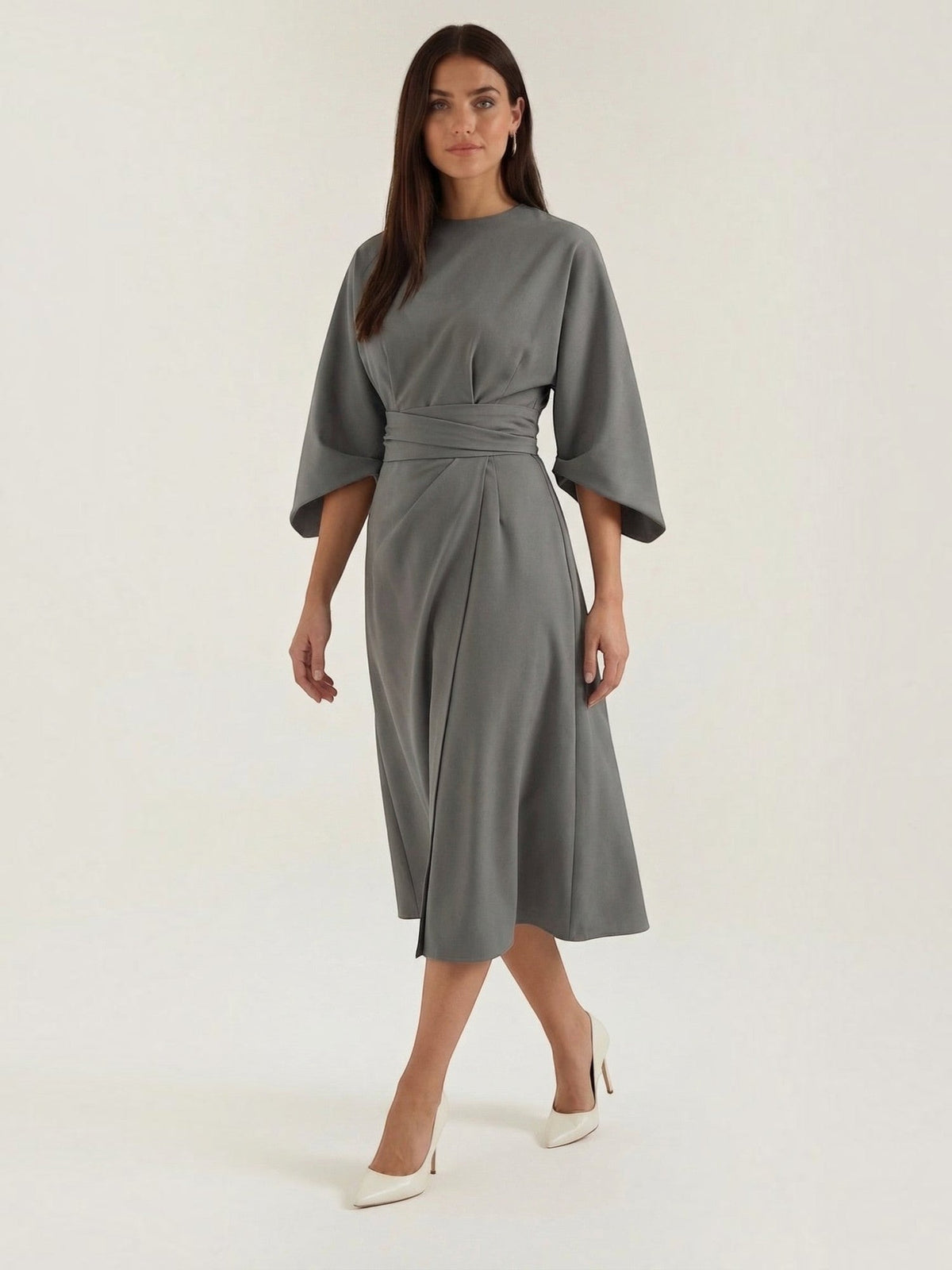 Ana Balloon Sleeve Wrap Midi Dress with Belt