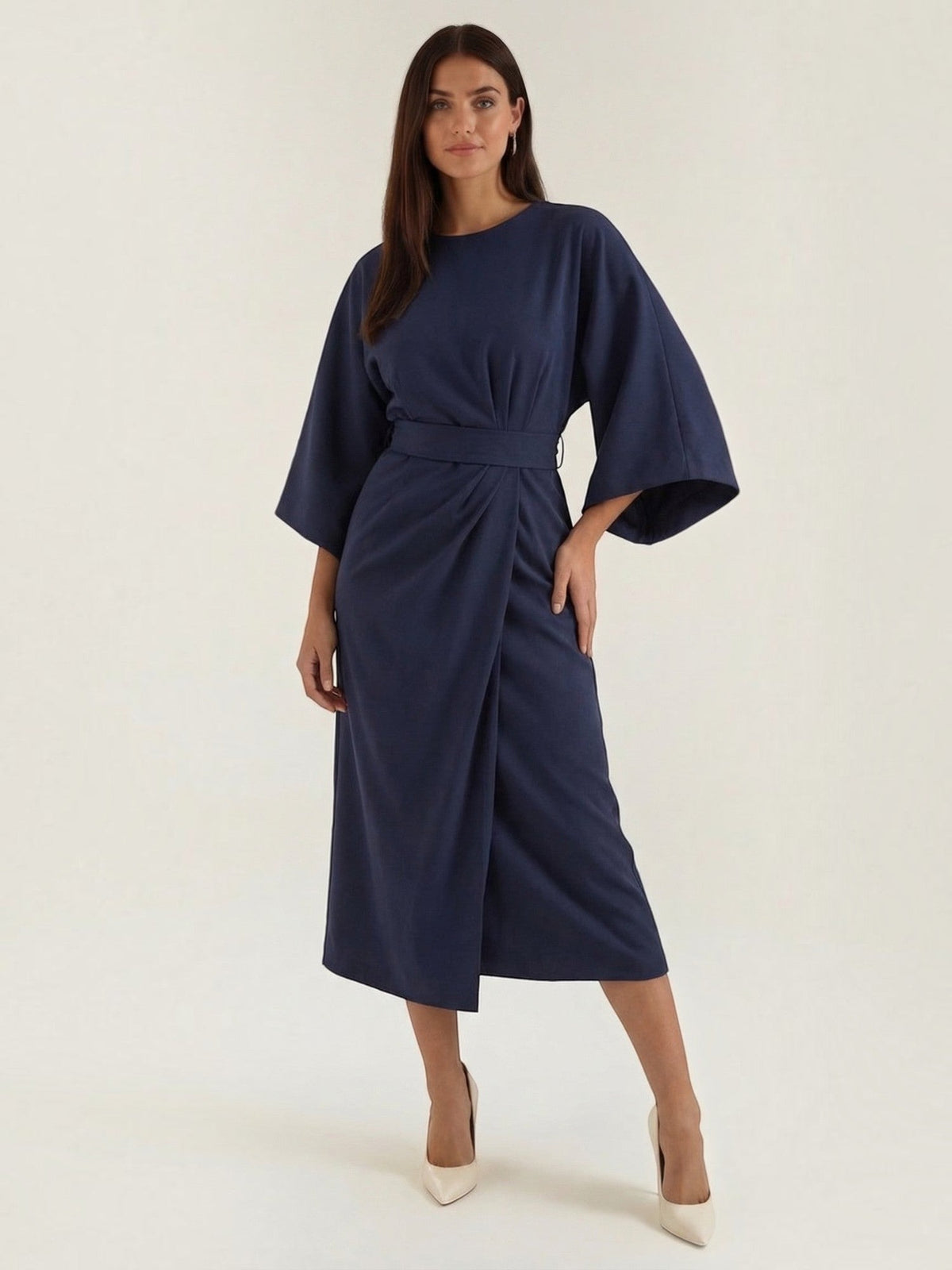 Ana Balloon Sleeve Wrap Midi Dress with Belt