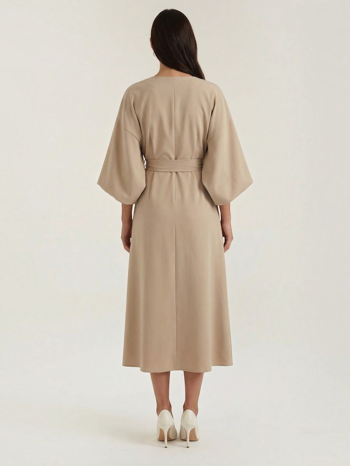 Ana Balloon Sleeve Wrap Midi Dress with Belt