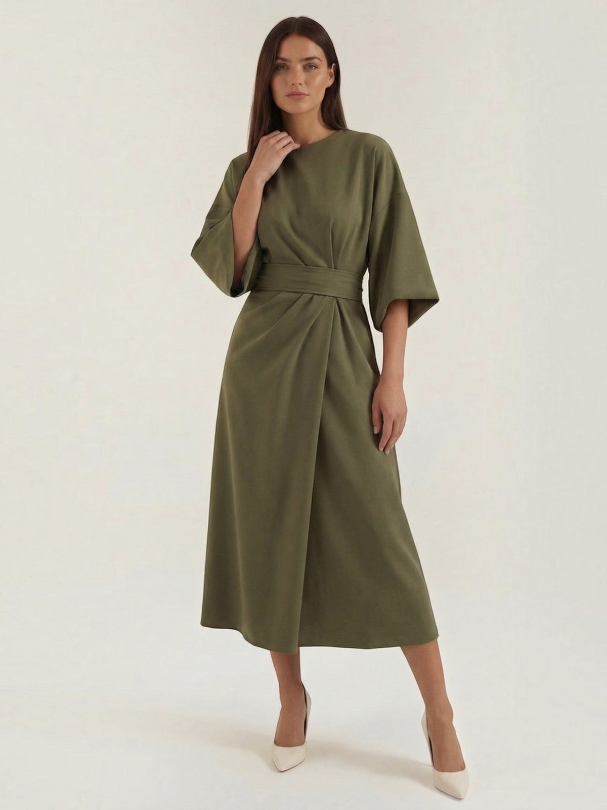 Ana Balloon Sleeve Wrap Midi Dress with Belt