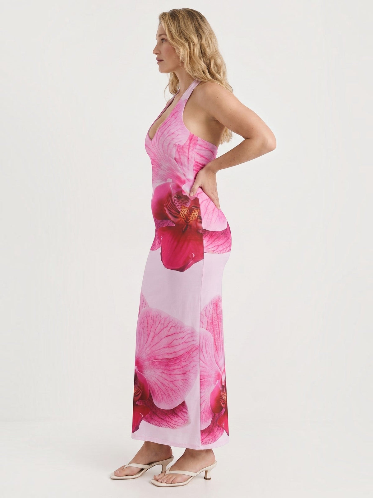 Dorothea Orchid Print Halter Neck Maxi Dress