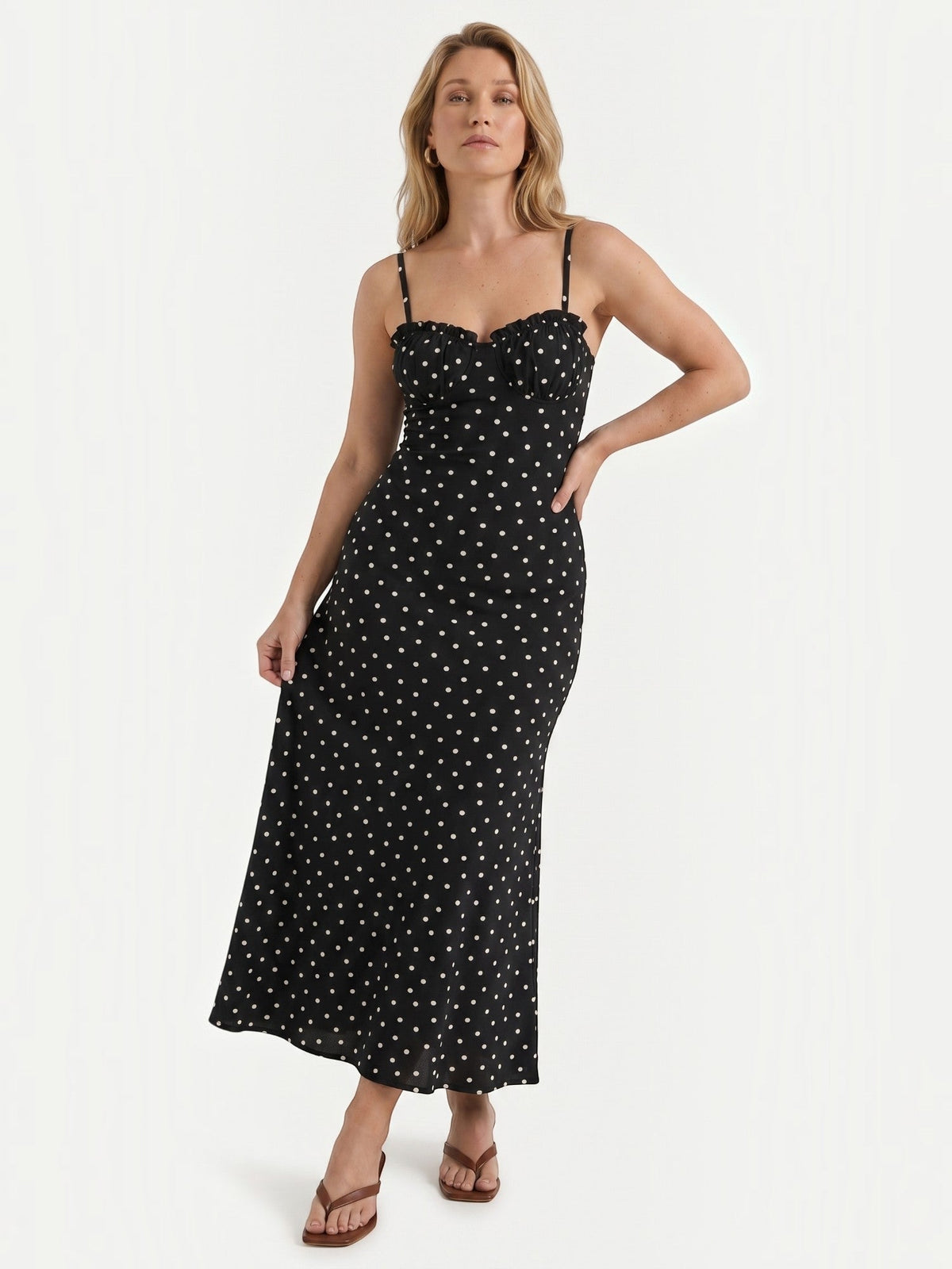 Ernestine Polka Dot Ruffle Bodice Maxi Dress