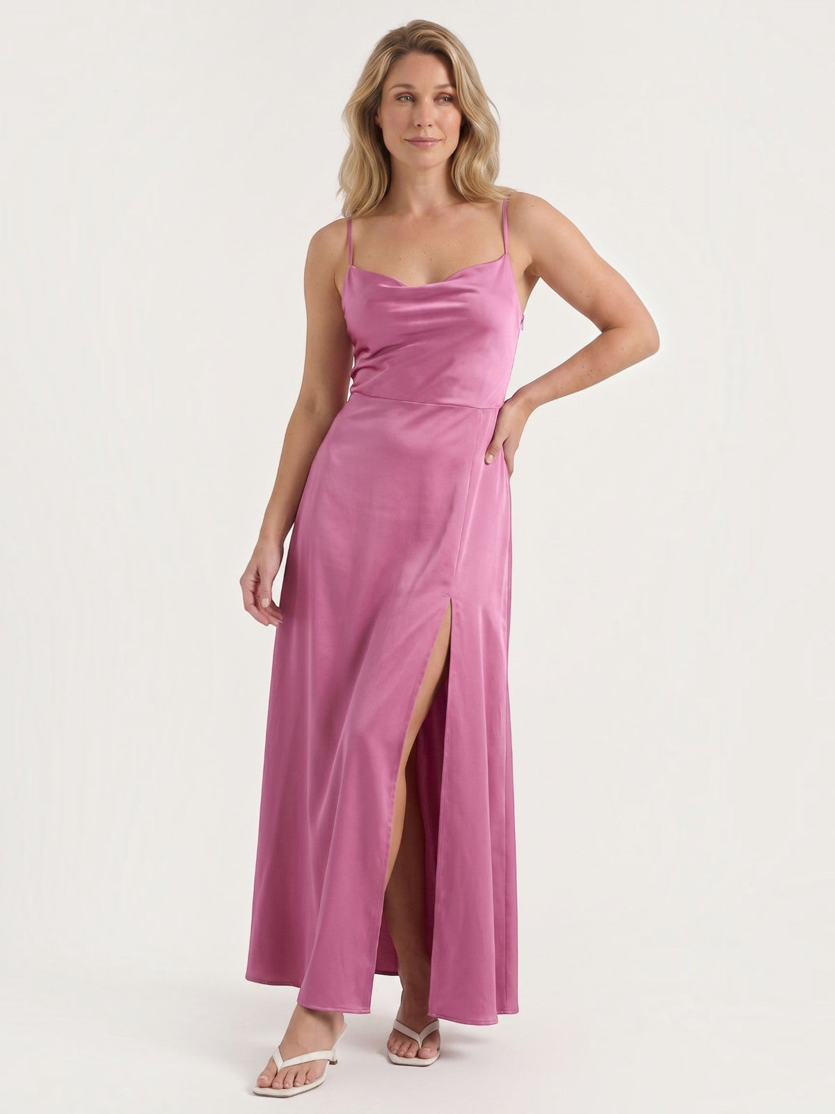 Indie Satin Cowl Neck Midi Dress with Slit