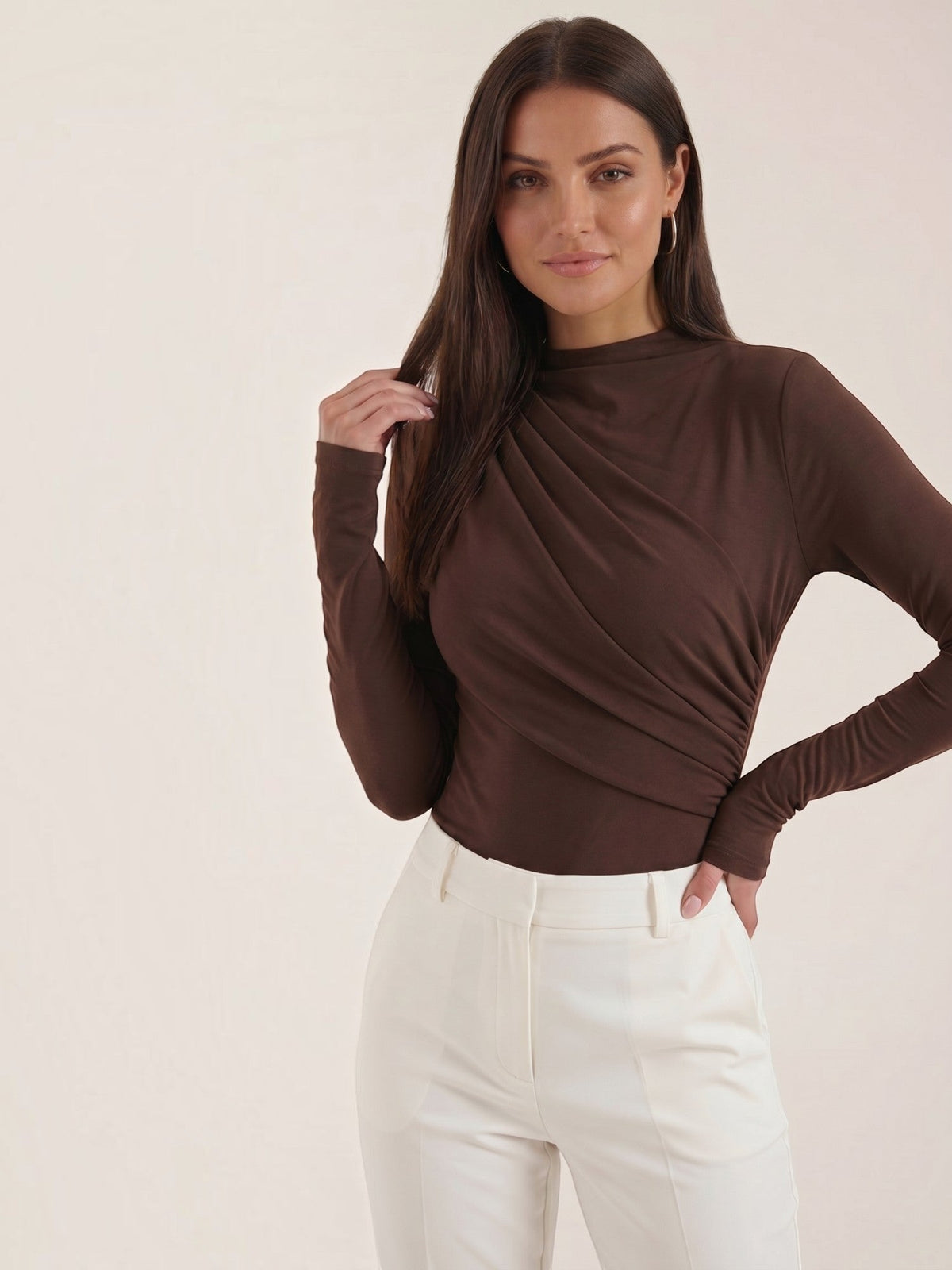Audrey Draped Stand Collar Long Sleeve Top