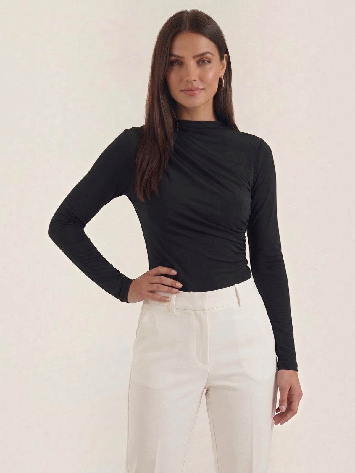 Audrey Draped Stand Collar Long Sleeve Top
