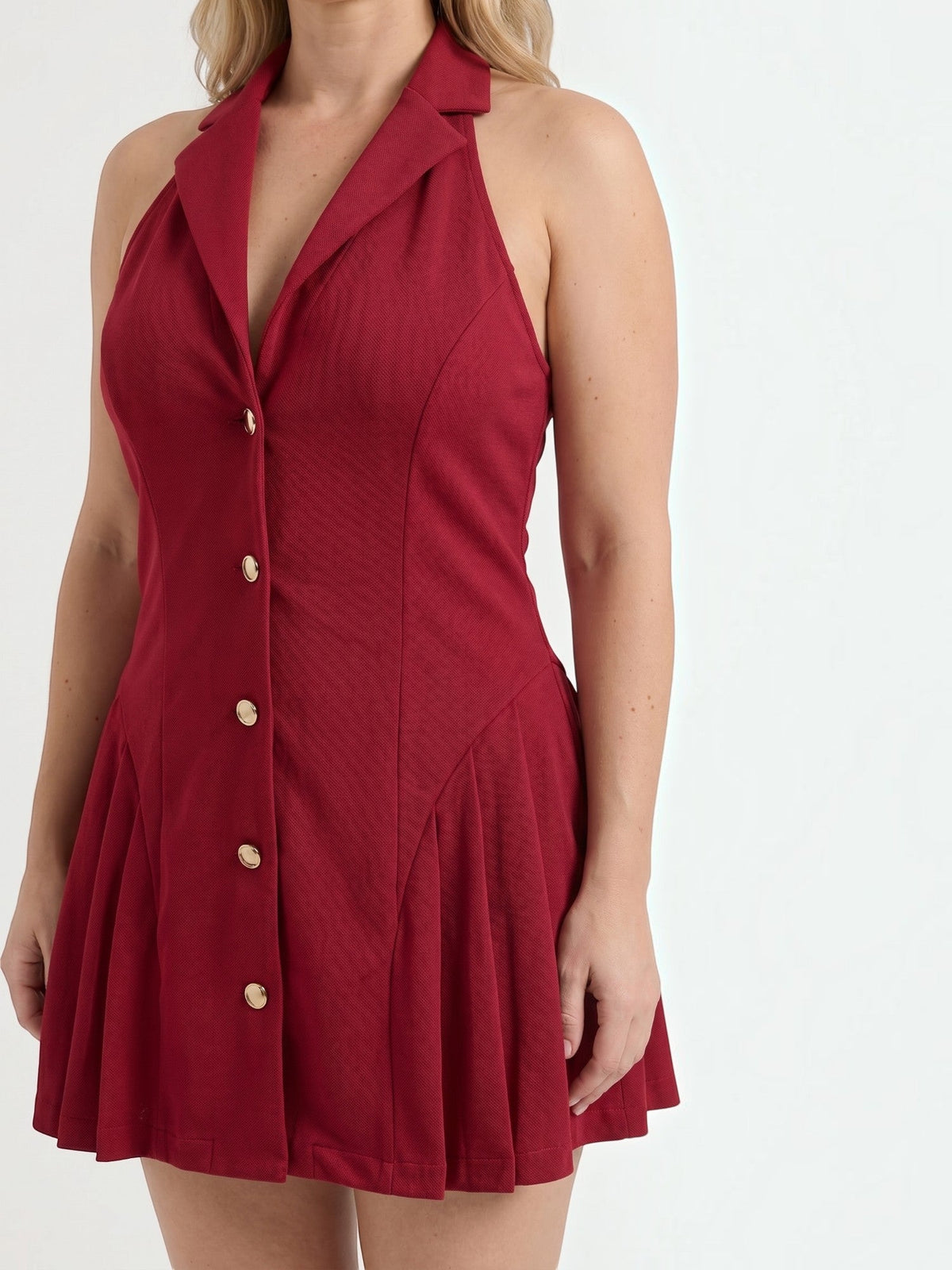 Ashley Gold Button Halter Neck Mini Dress