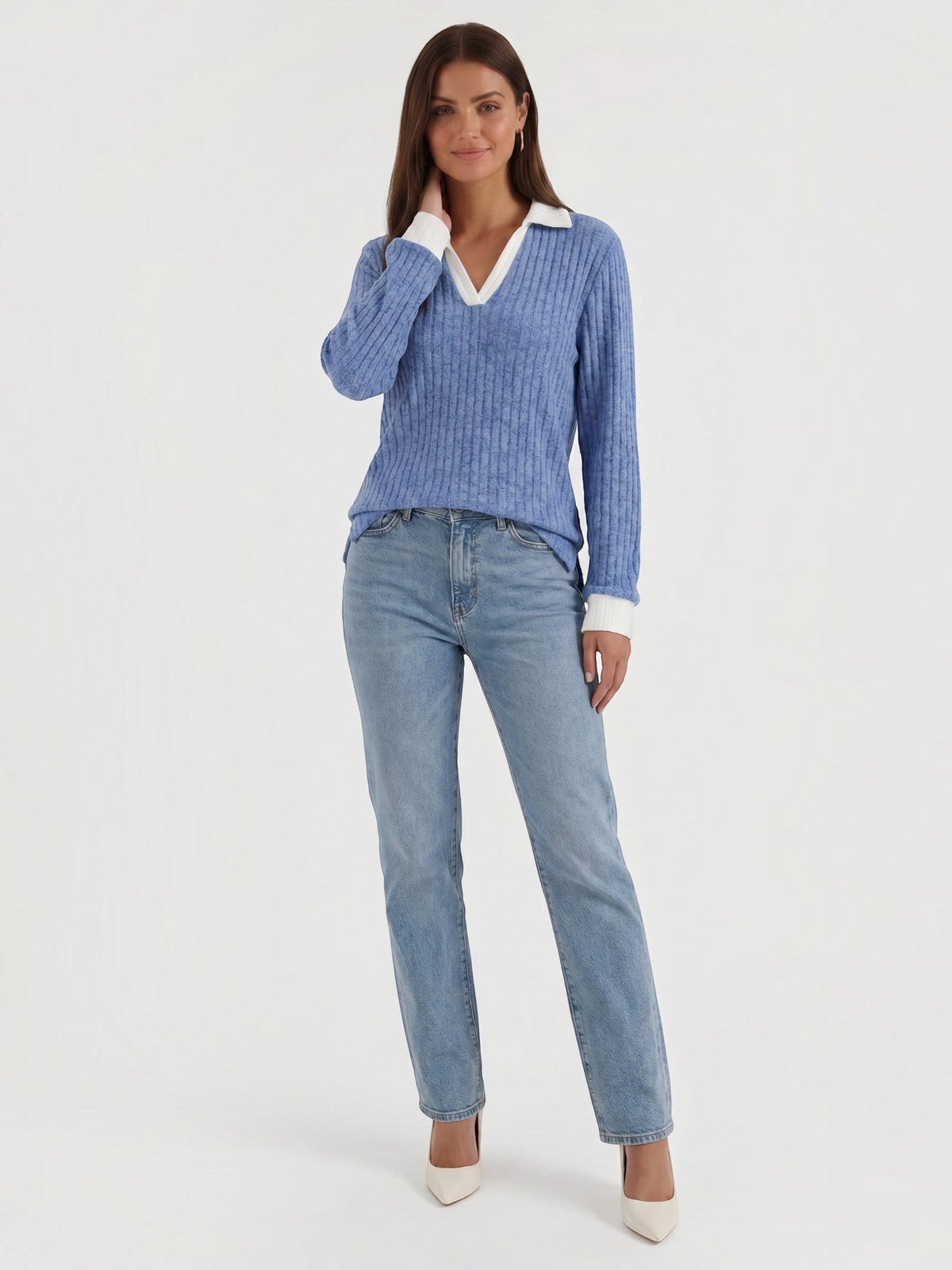 Althea Contrast Collar V Neck Knit Sweater