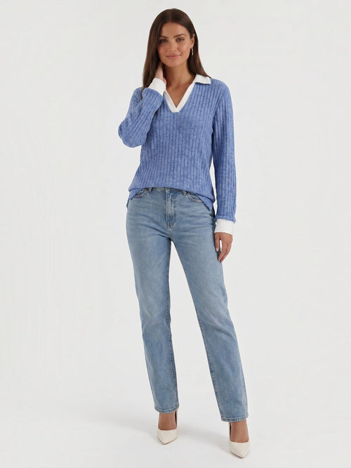 Althea Contrast Collar V Neck Knit Sweater