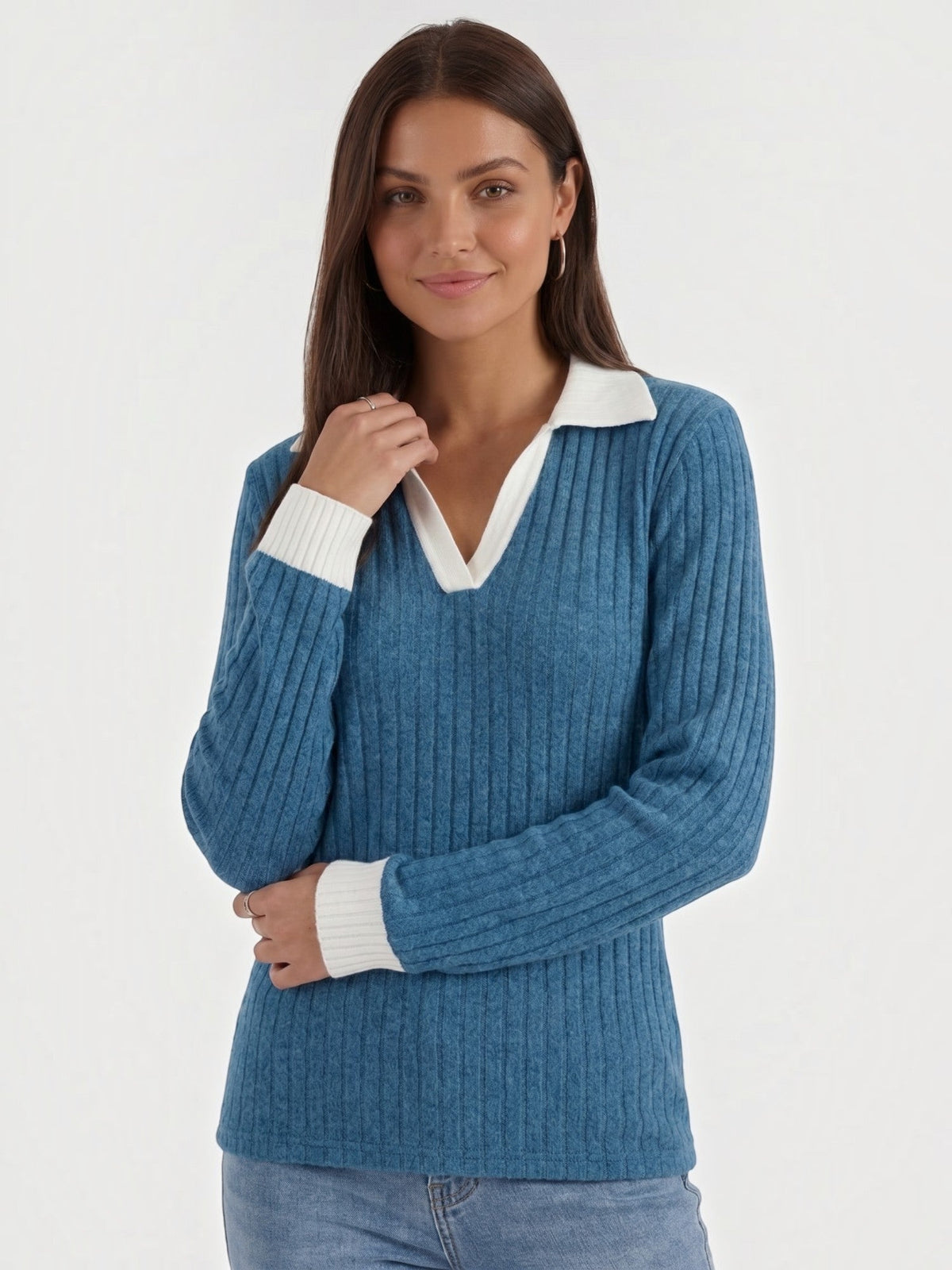 Althea Contrast Collar V Neck Knit Sweater