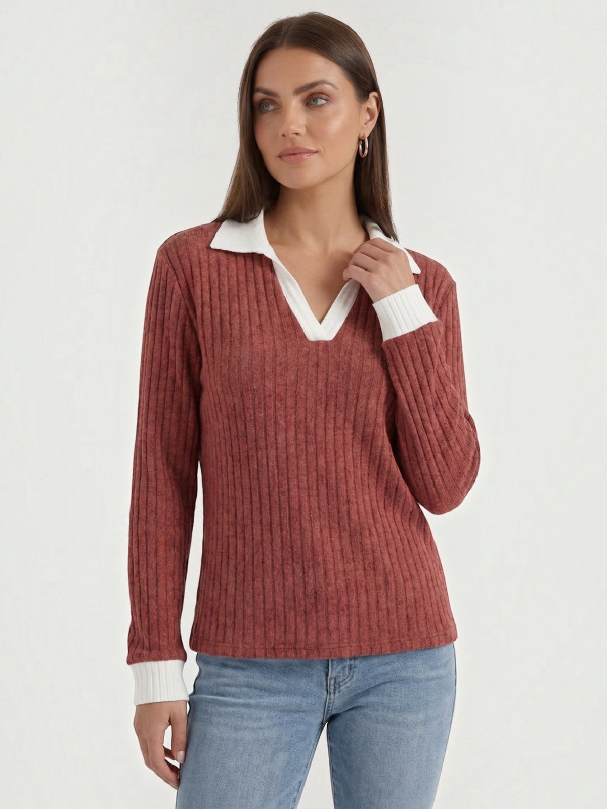 Althea Contrast Collar V Neck Knit Sweater