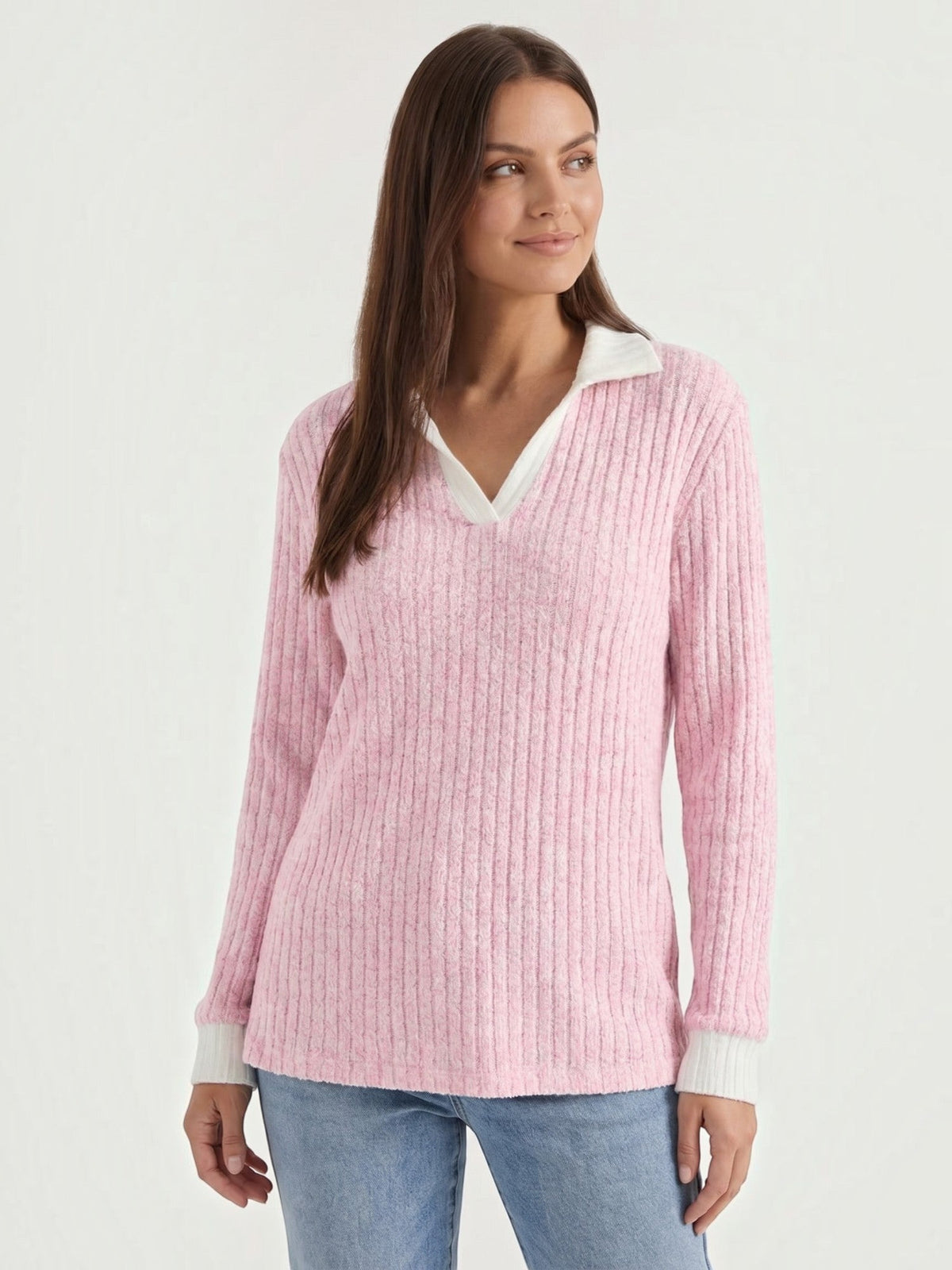 Althea Contrast Collar V Neck Knit Sweater