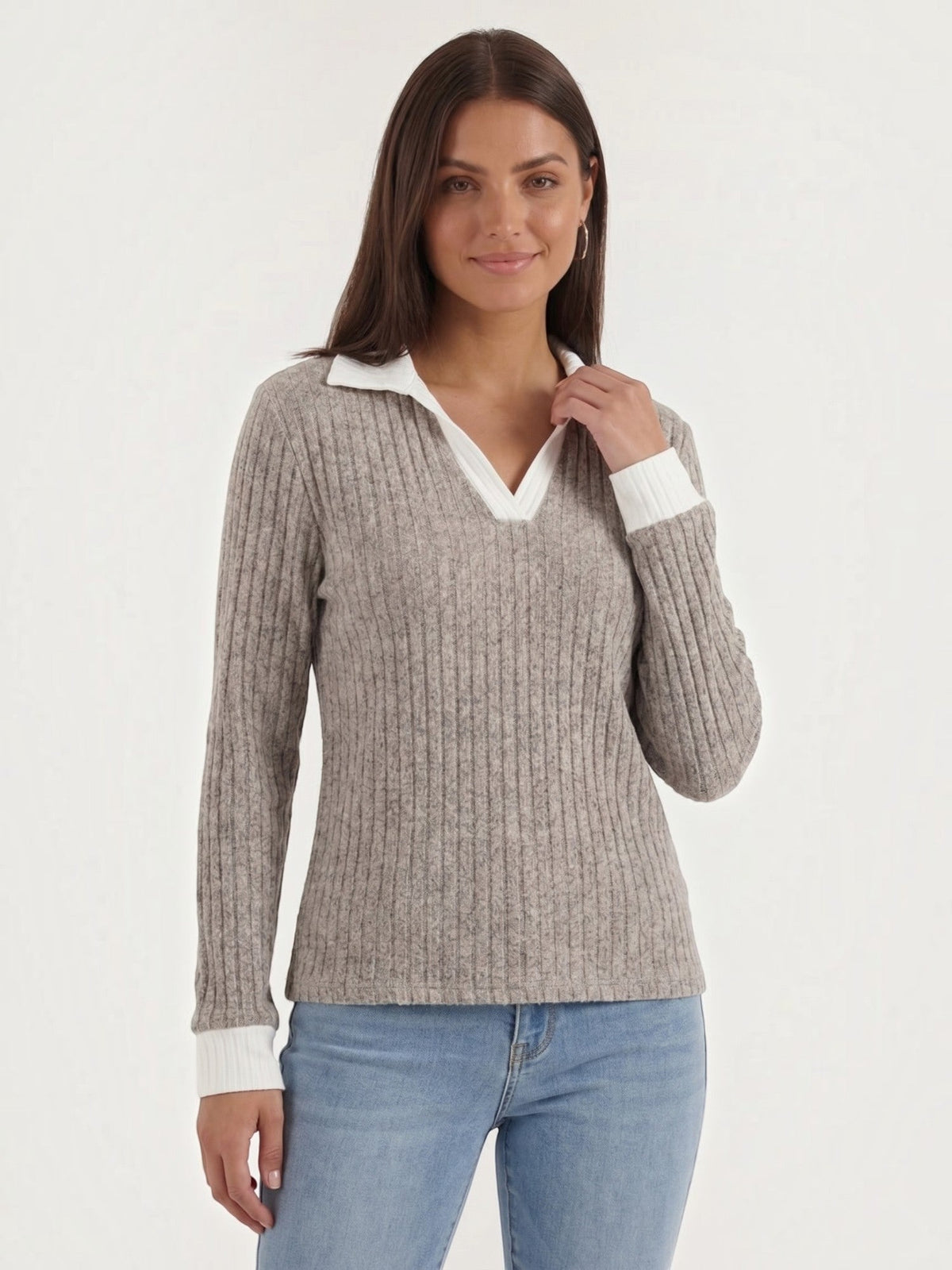 Althea Contrast Collar V Neck Knit Sweater