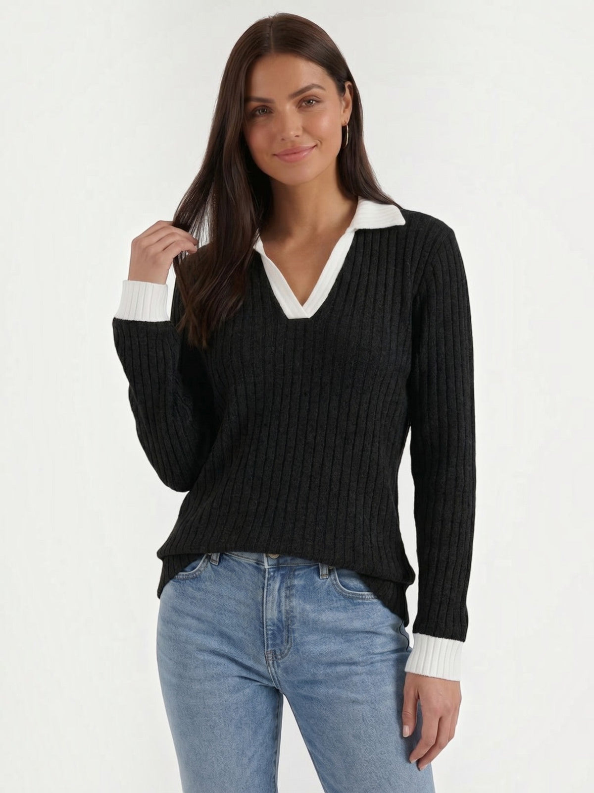 Althea Contrast Collar V Neck Knit Sweater