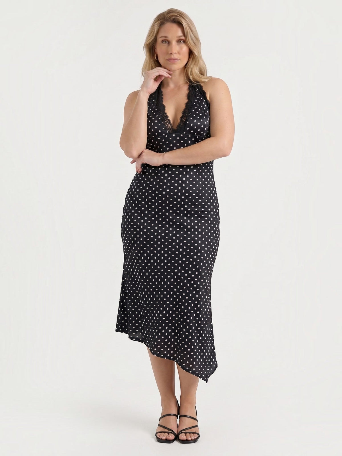 Layla Polka Dot Lace Trim Slip Midi Dress