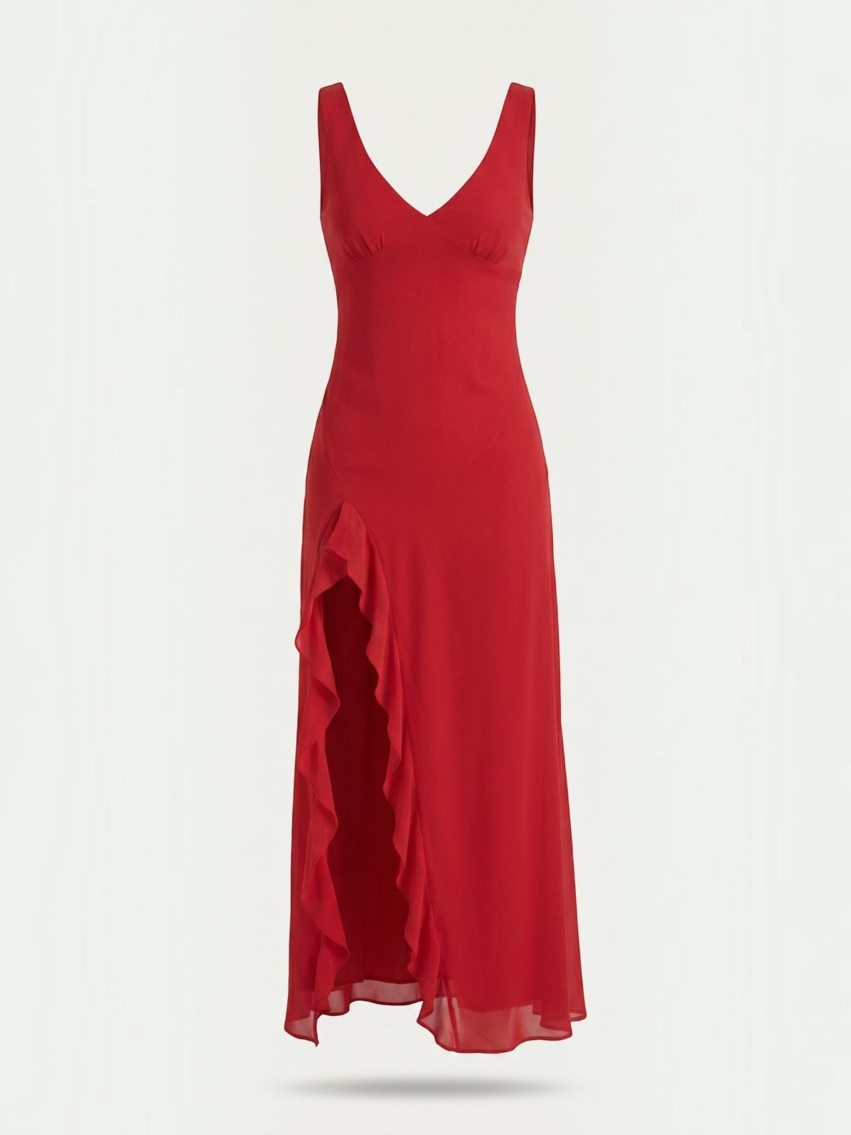 Leslie V Neck High Low Ruffle Midi Dress